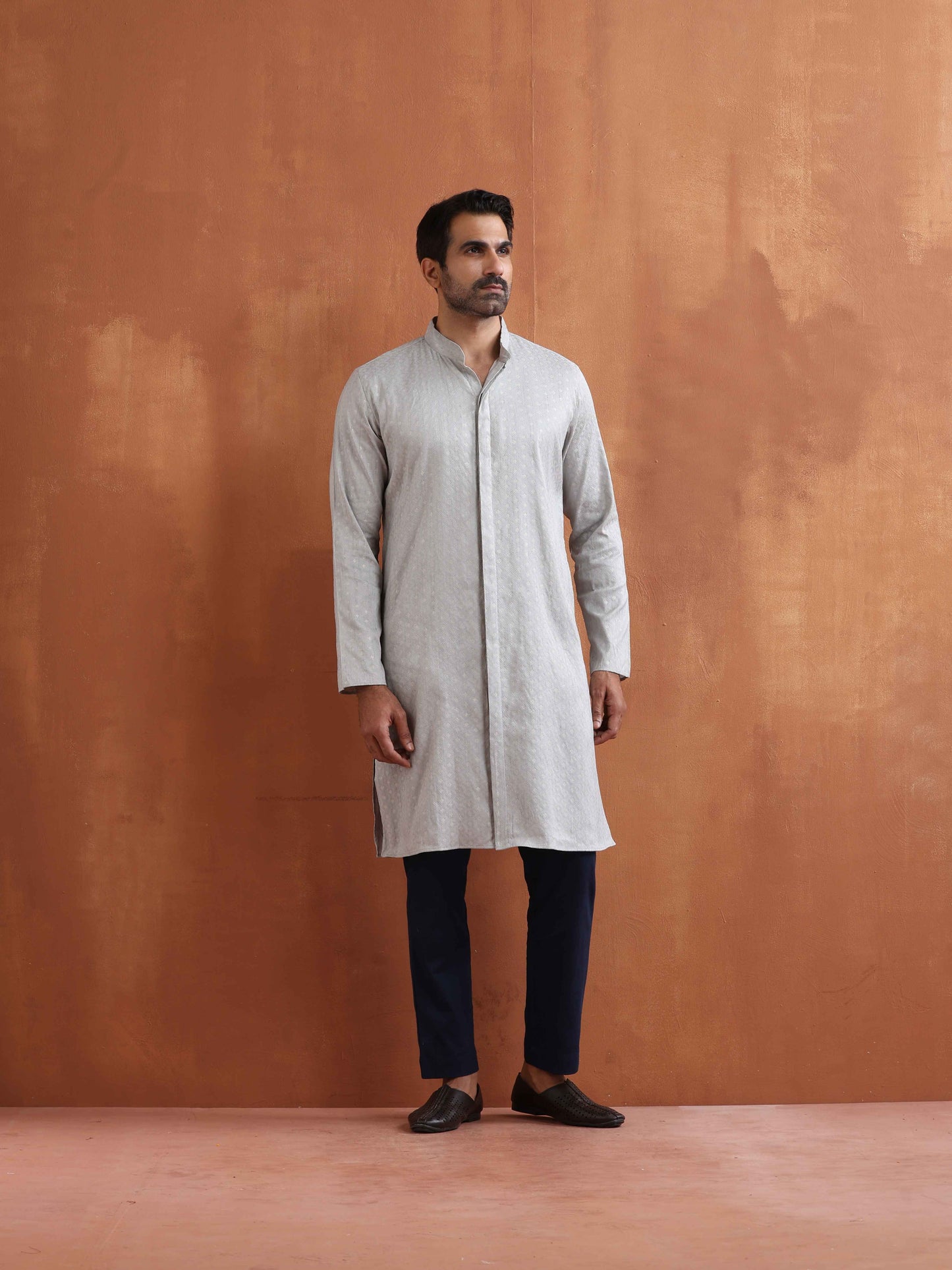 trueBrowns Men's Grey Chanderi Front Open Kurta | Swadesiicart