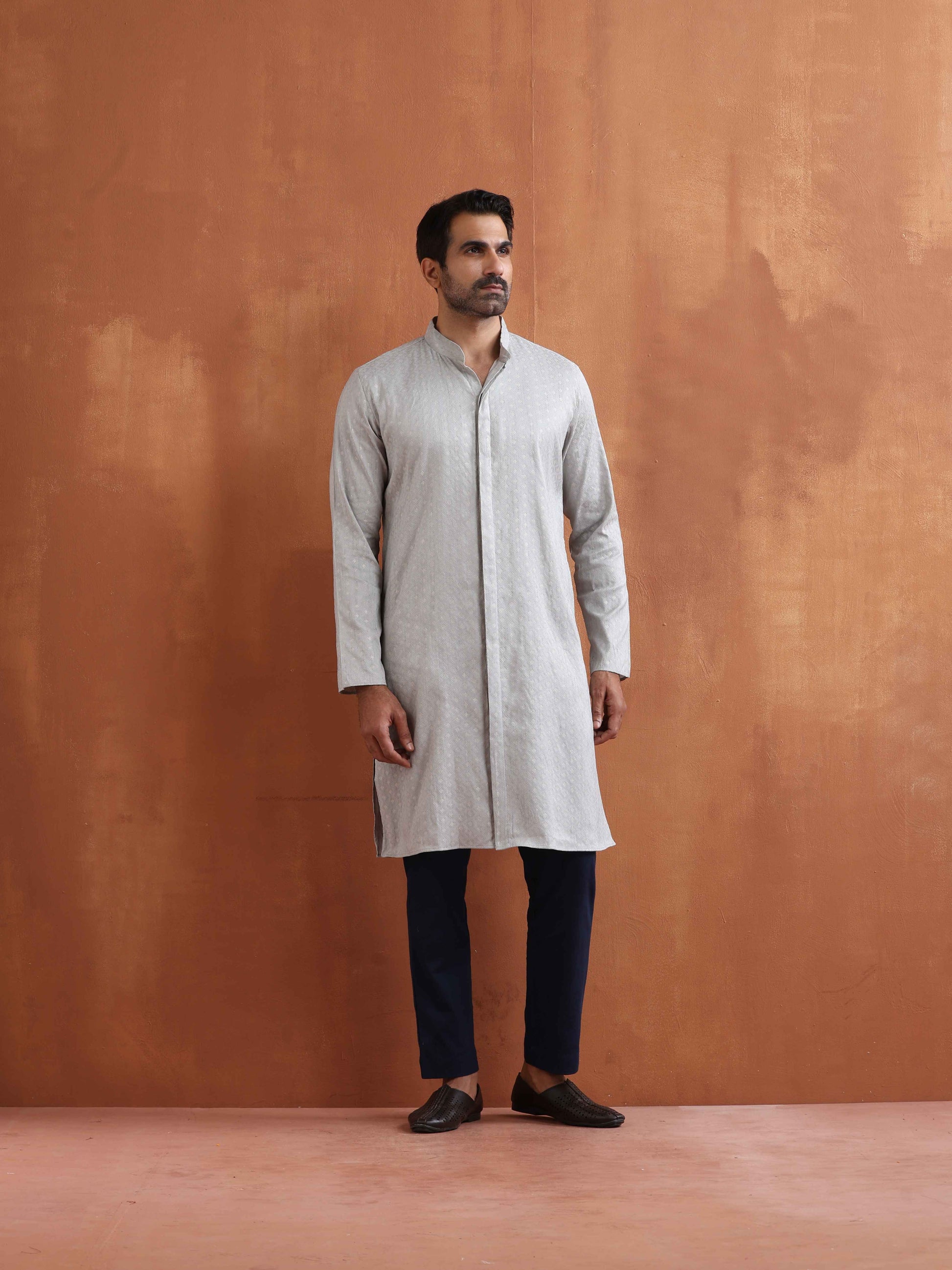 trueBrowns Men's Grey Chanderi Front Open Kurta | Swadesiicart