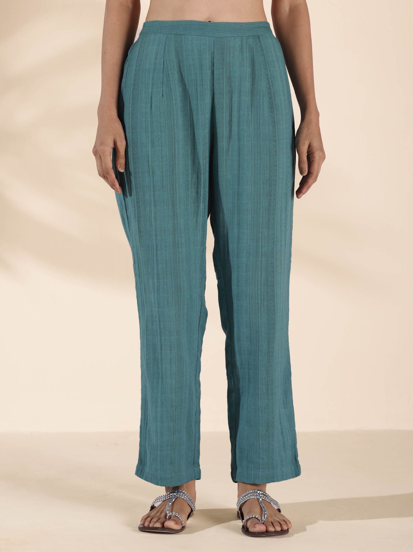trueBrowns Turquoise Cotton Dobby Shirt Co-ord Set - Swadesiicart