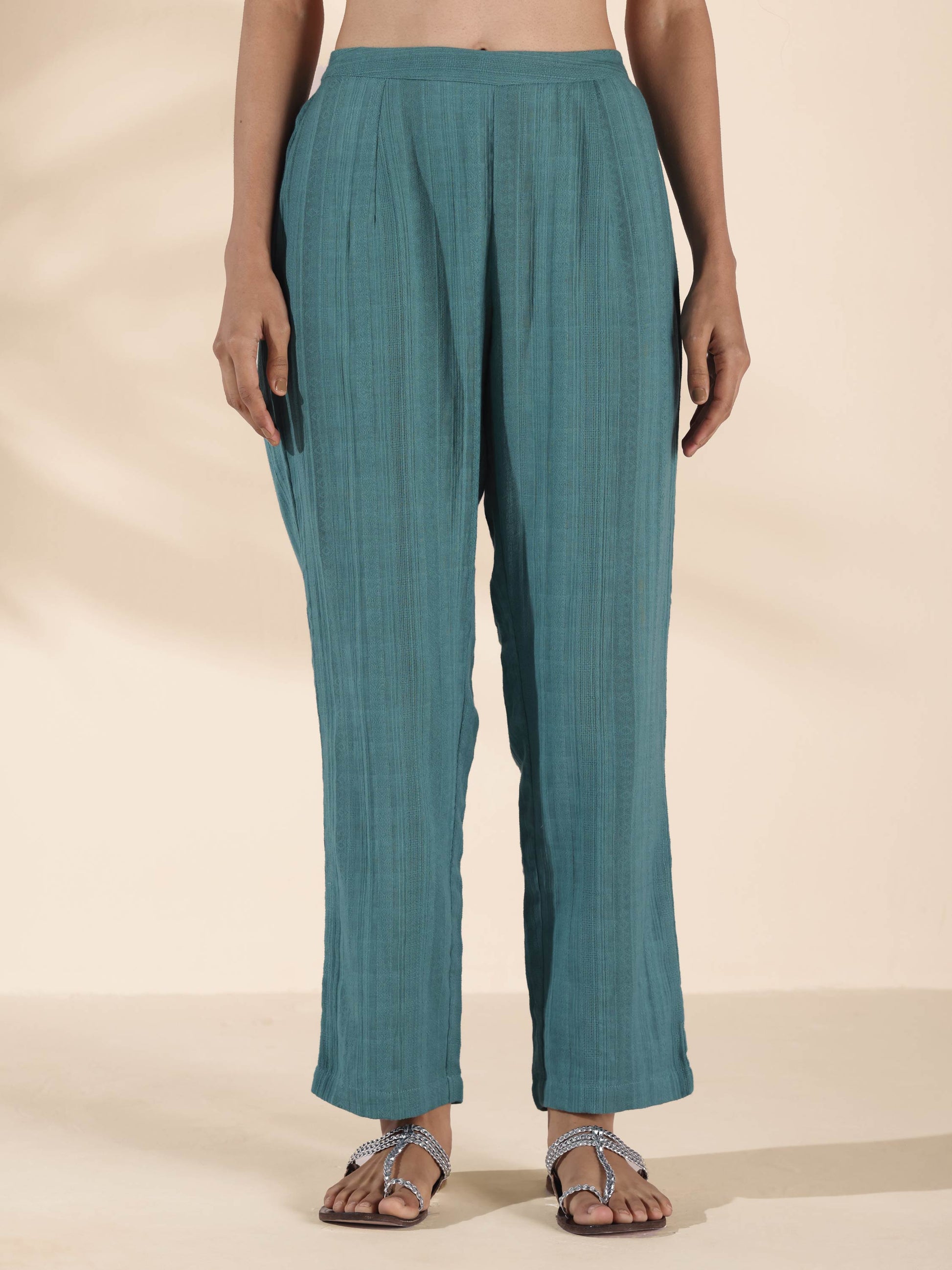 trueBrowns Turquoise Cotton Dobby Shirt Co-ord Set - Swadesiicart