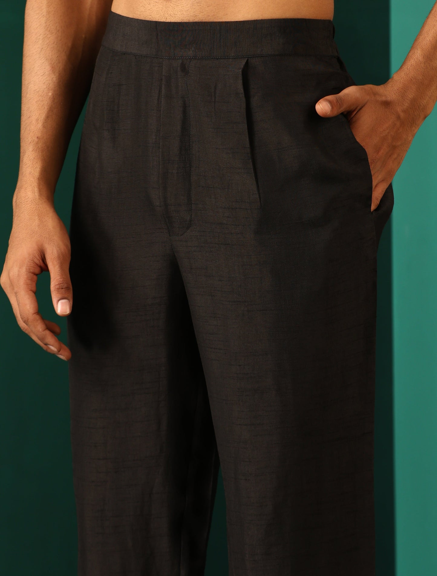 trueBrowns Men's Black Silk Co-ord Set Stitch Detail - Swadesiicart