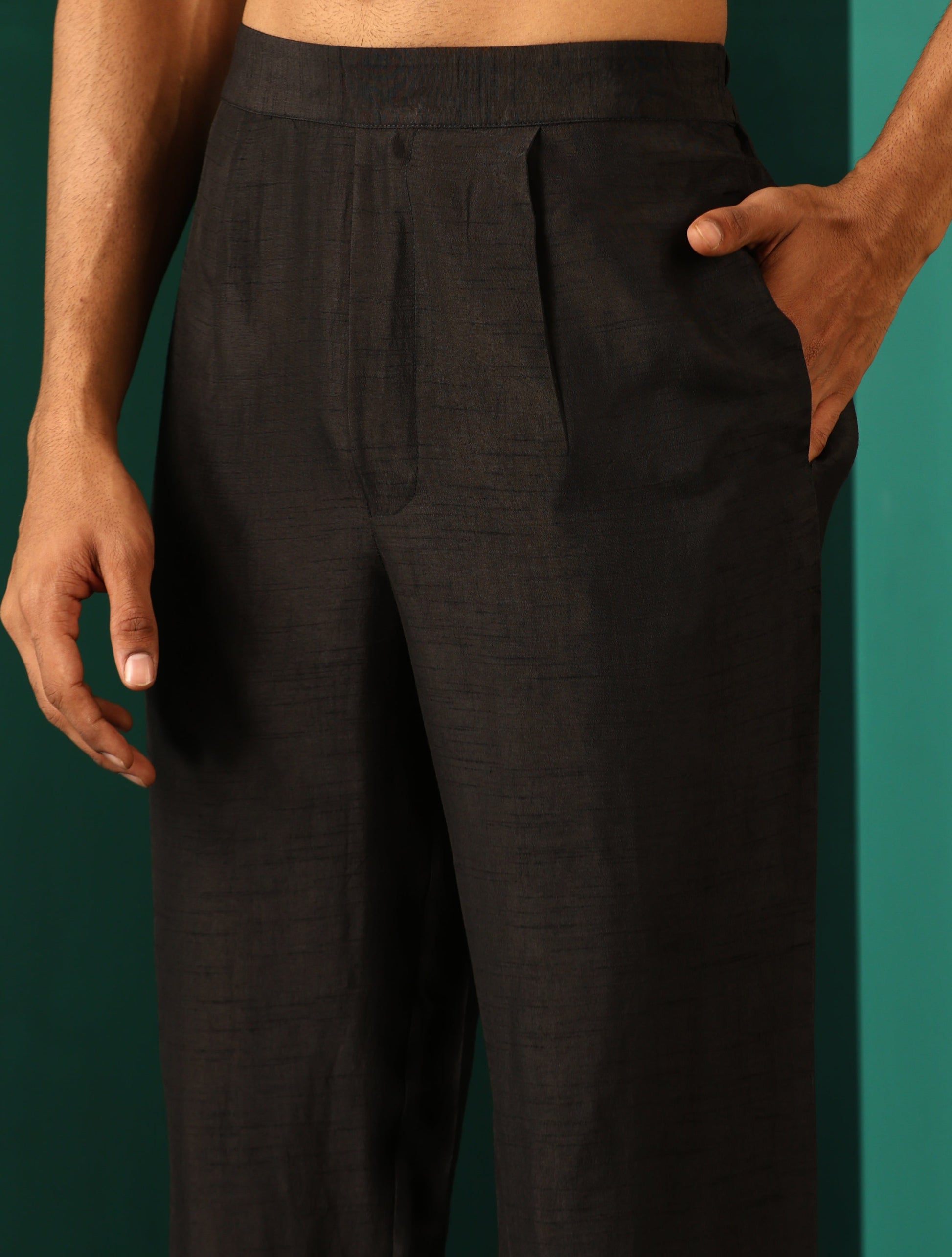 trueBrowns Men's Black Silk Co-ord Set Stitch Detail - Swadesiicart