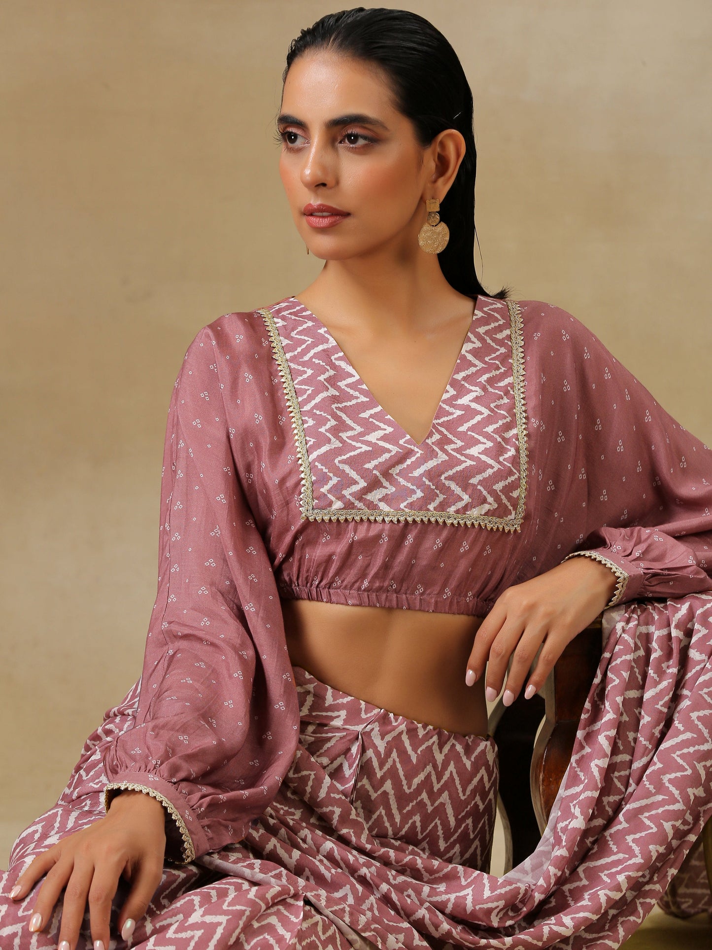 trueBrowns Dark Mauve Bandhani Printed SilkReady to Wear Saree | Swadesiicart