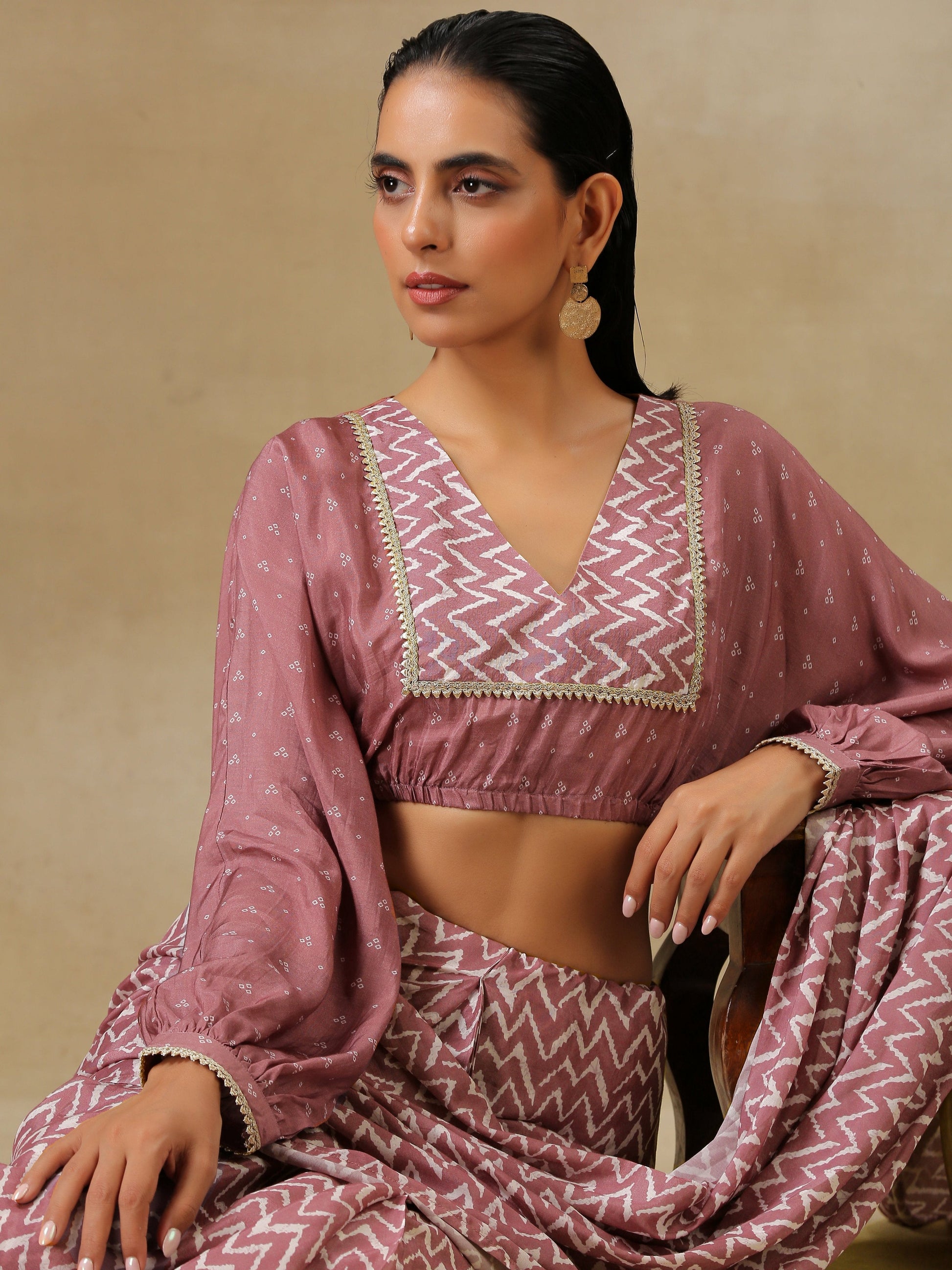 trueBrowns Dark Mauve Bandhani Printed SilkReady to Wear Saree | Swadesiicart