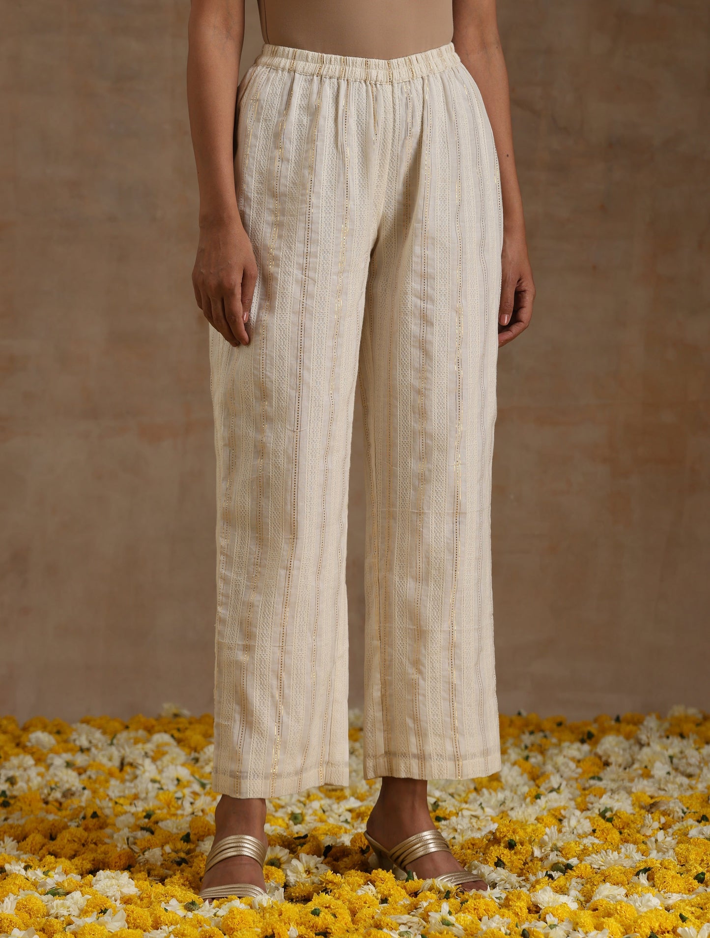 trueBrowns Ivory Gold Cotton Kalidar Kurta Set | Swadesiicart
