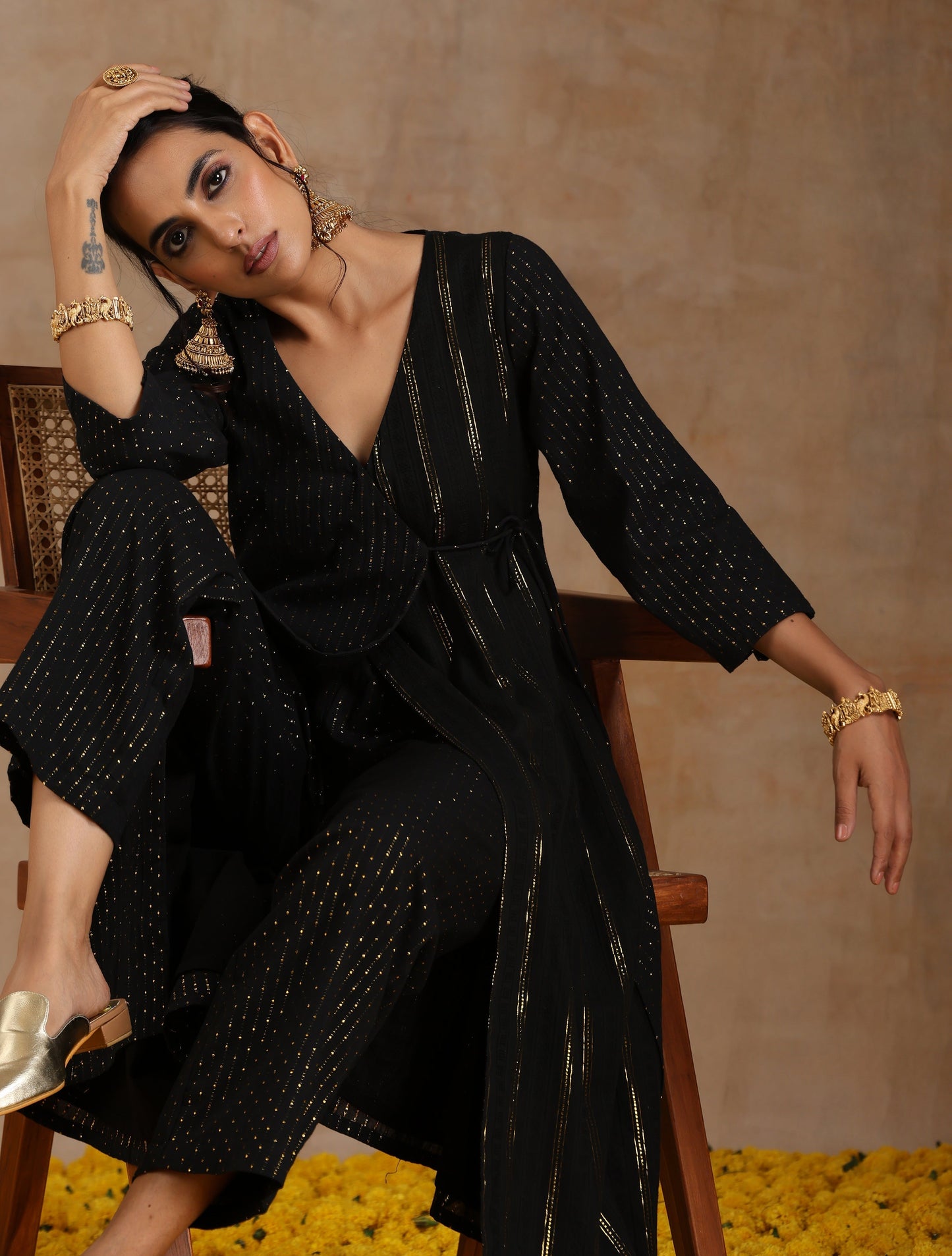trueBrowns Black Gold Cotton Angrakha Kurta Set | Swadesiicart