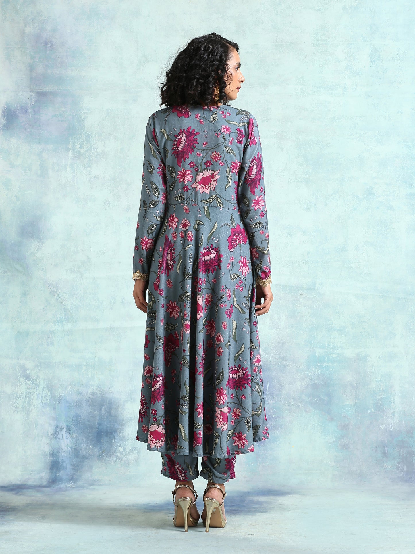 trueBrowns Grey Printed Velvet Anarkali Kurta | Swadesiicart