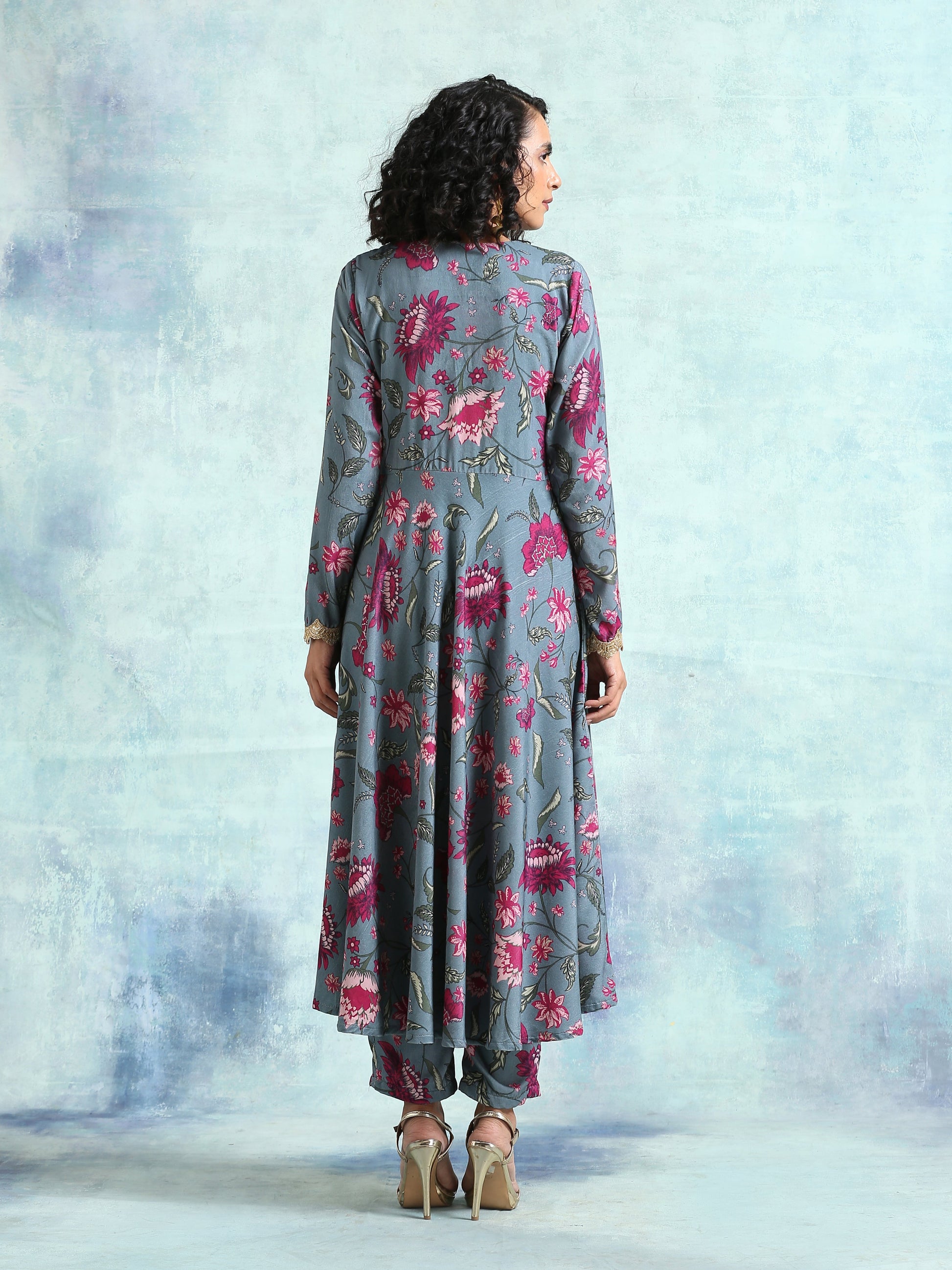 trueBrowns Grey Printed Velvet Anarkali Kurta | Swadesiicart
