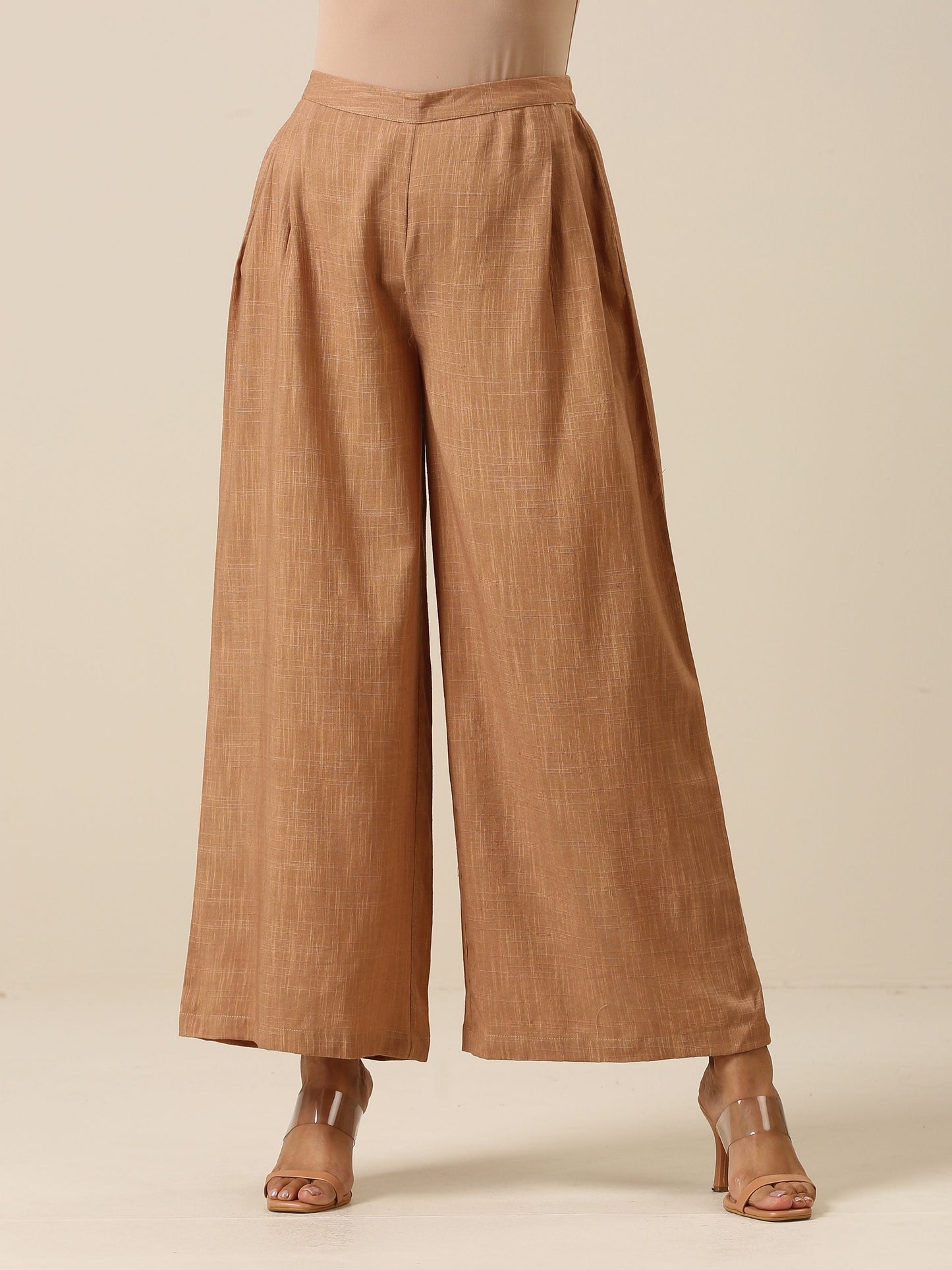 trueBrowns Beige Slub Texture Sleevesless Jacket Pant Set | Swadesiicart