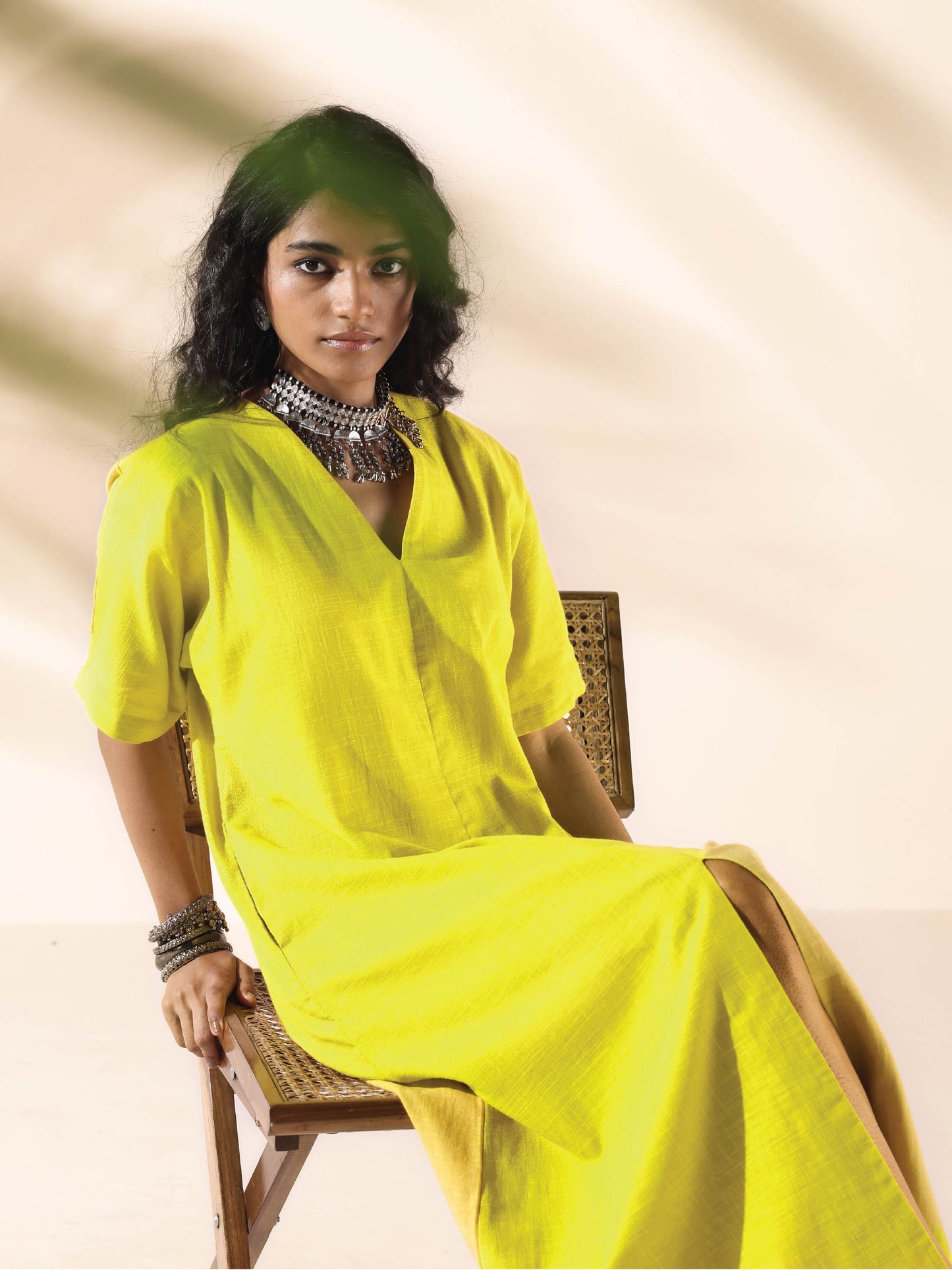 trueBrowns Lime Cotton Front Slit Dress | Swadesiicart
