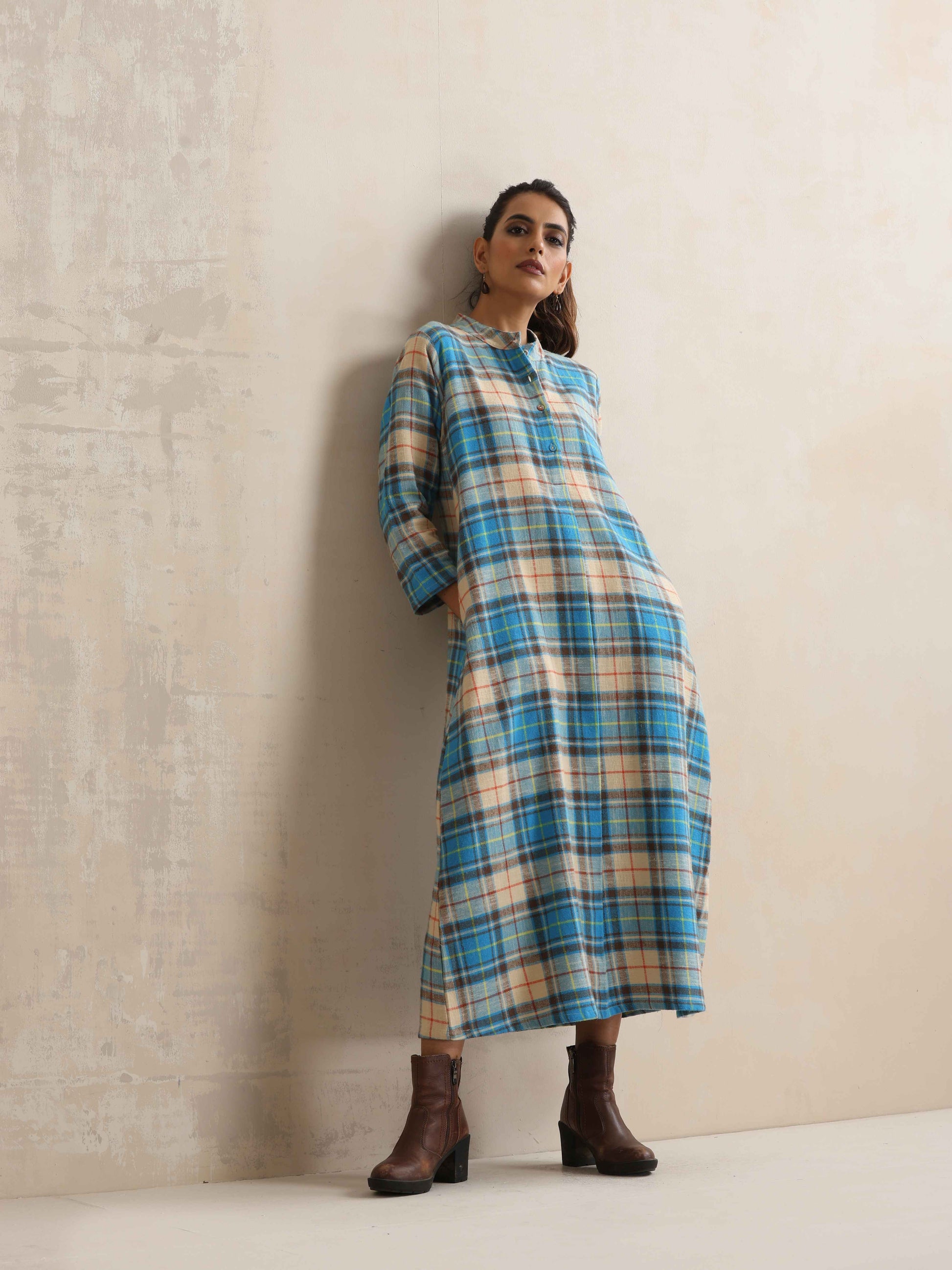 trueBrowns Beige Check Flared Winter Dress | Swadesiicart