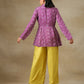 trueBrowns Lime Green Bandhani Printed Silk Top Pant with Purple Printed Jacket Set | Swadesiicart