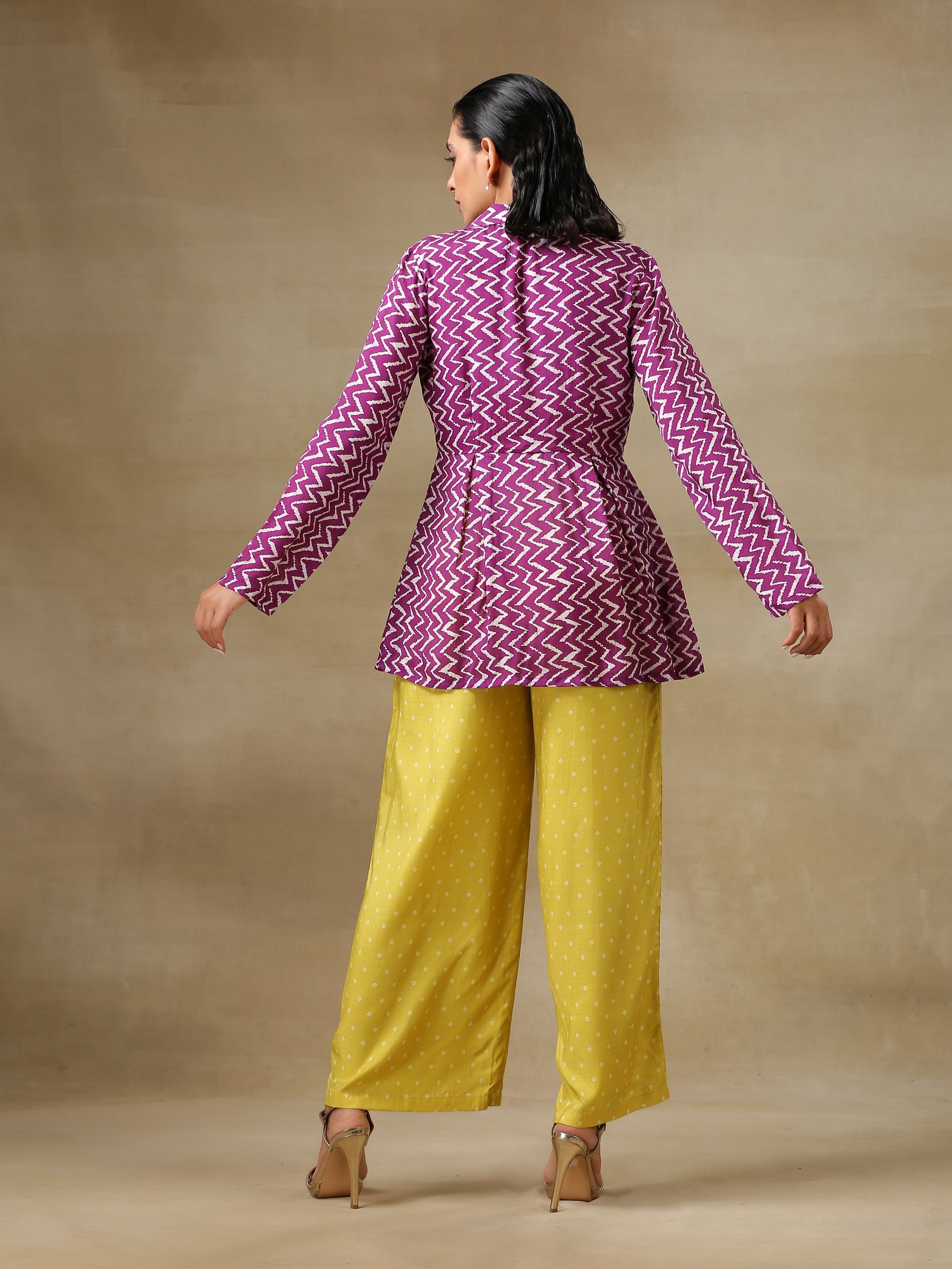trueBrowns Lime Green Bandhani Printed Silk Top Pant with Purple Printed Jacket Set | Swadesiicart