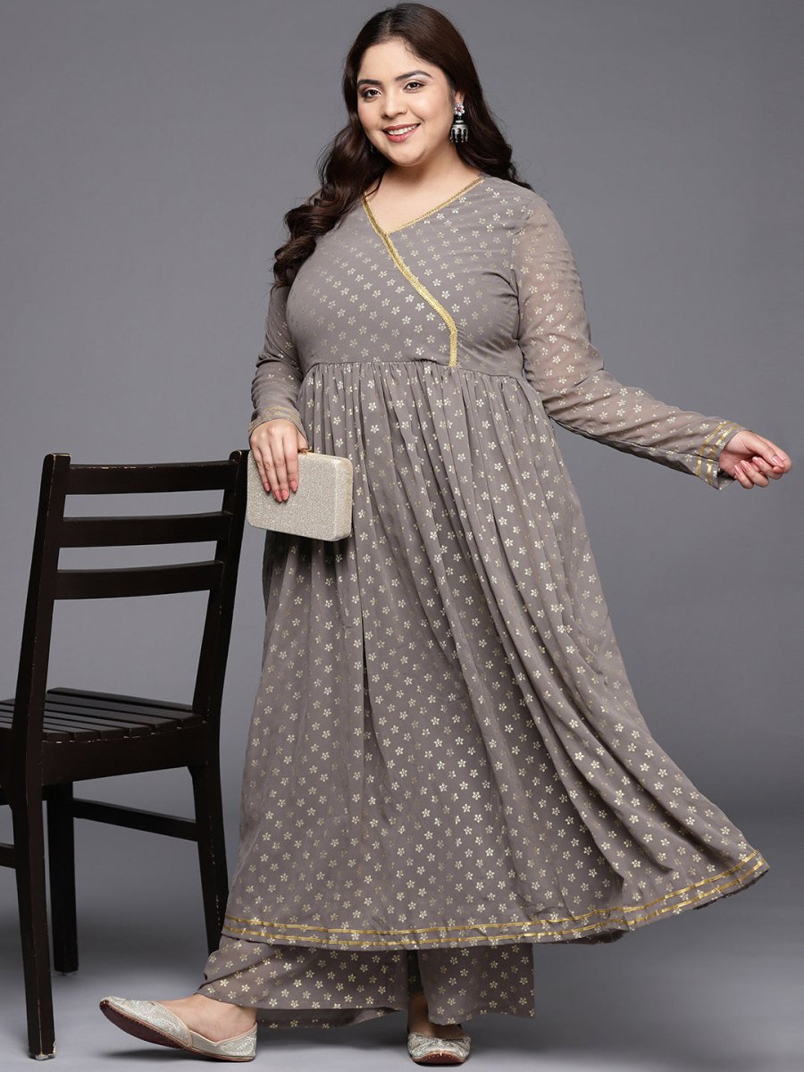 Ahalyaa Plus Size Floral Printed Zari Angrakha Kurta with Palazzos | Swadesiicart