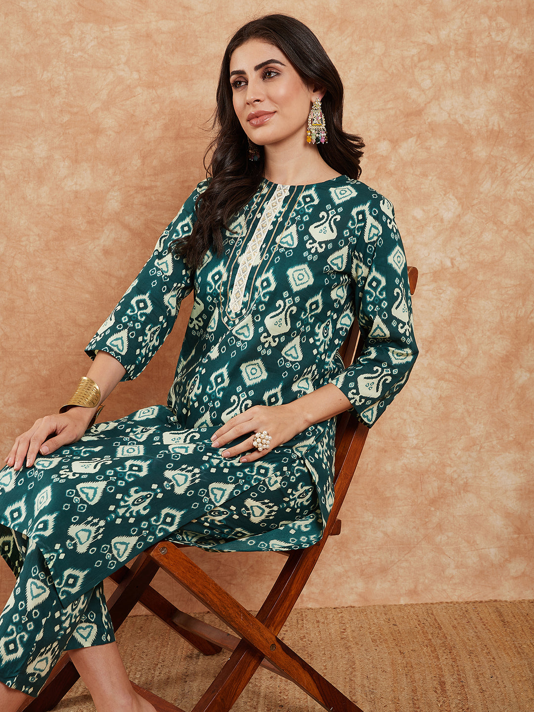 InWeave Women's Peacock Blue Ikkat Print Gota Work Straight Kurta Pant Set - Swadesiicart