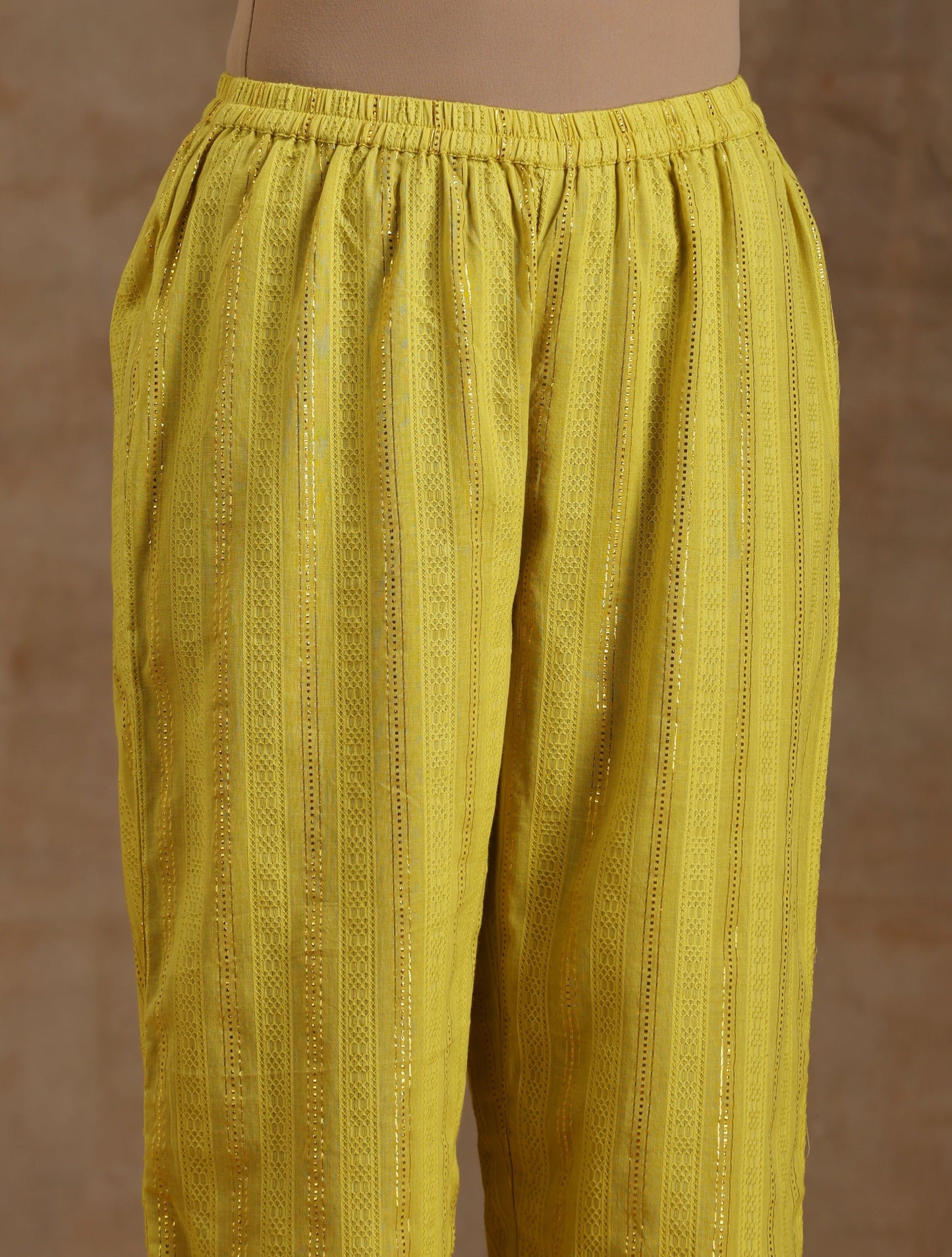 trueBrowns Lime Gold Cotton Relax High Slit Kurta Set | Swadesiicart
