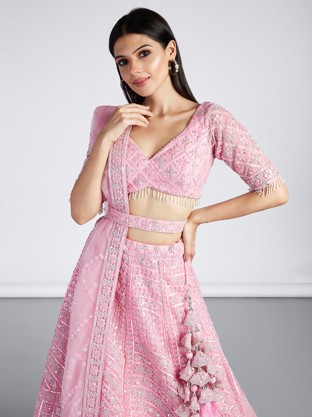 House of Panchhi Pink Net Sequins, Zarkan And Thread Embroidery Lehenga Choli & Dupatta | Swadesiicart
