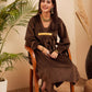 InWeave Women's Brown V Neck Asymmetrical Pleated Velvet Kurta Set - Swadesiicart