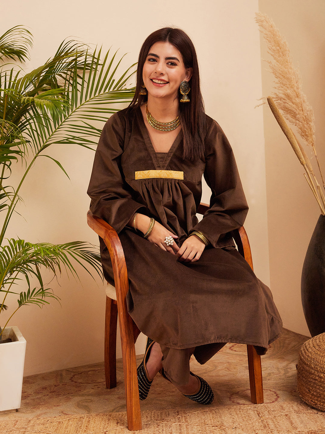 InWeave Women's Brown V Neck Asymmetrical Pleated Velvet Kurta Set - Swadesiicart