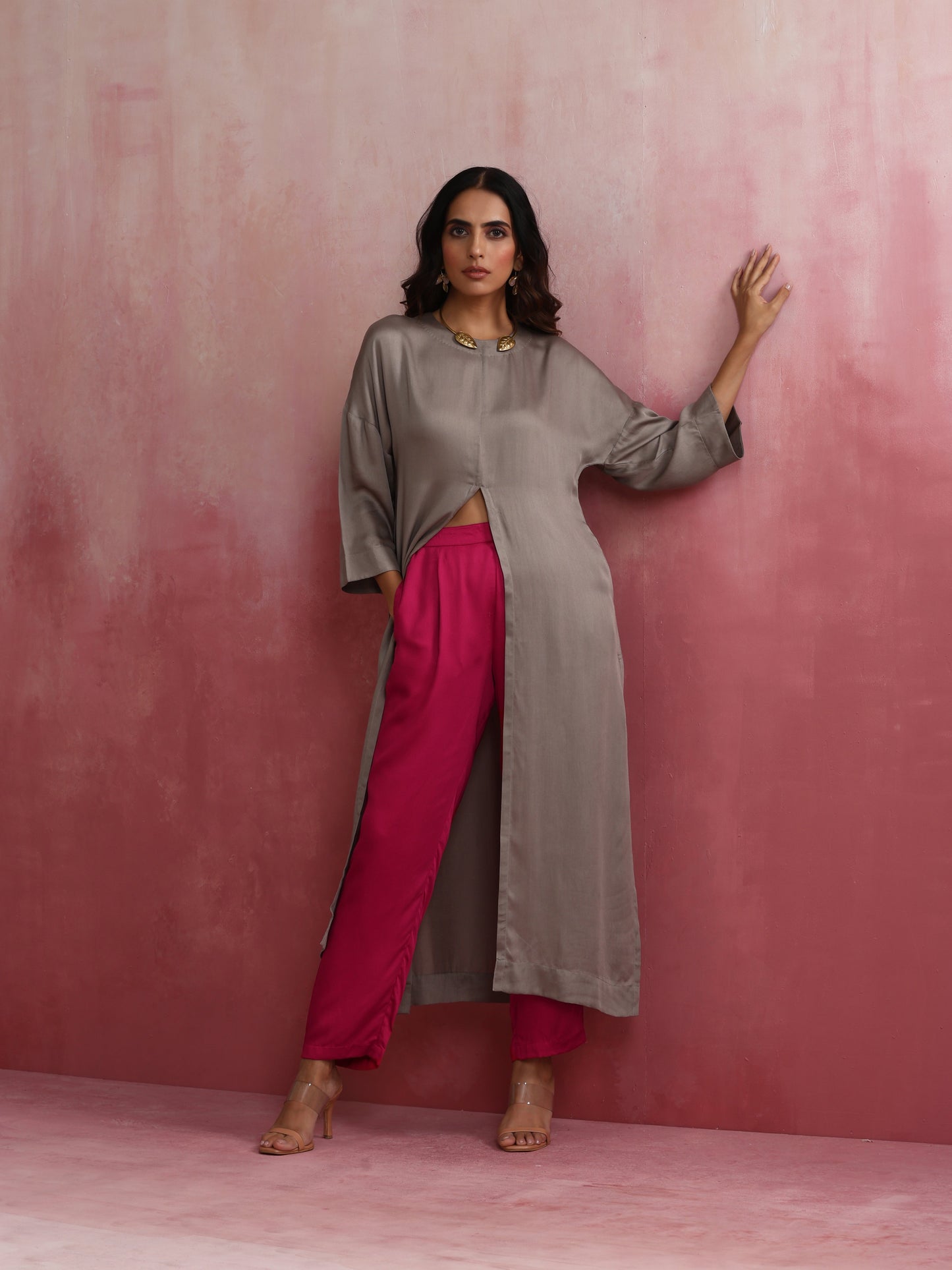 trueBrowns Grey High Slit Modal Kurta Set | Swadesiicart