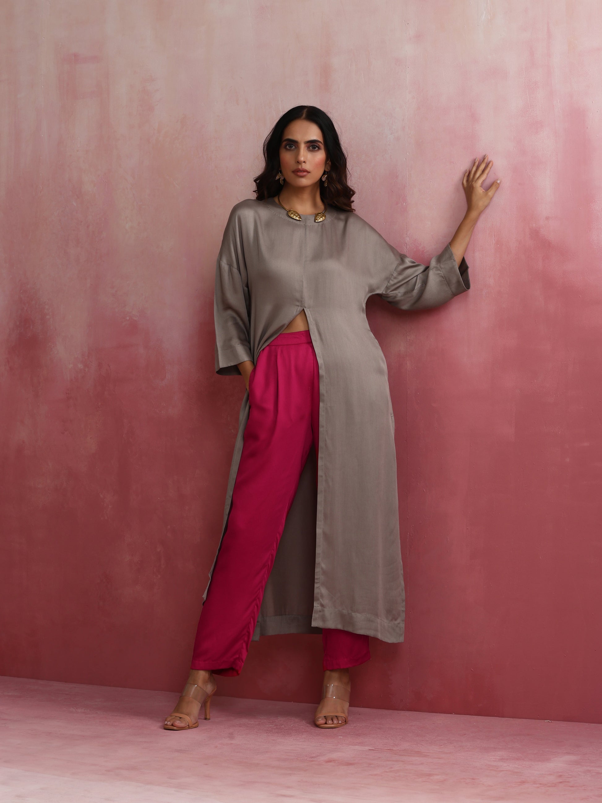 trueBrowns Grey High Slit Modal Kurta Set | Swadesiicart