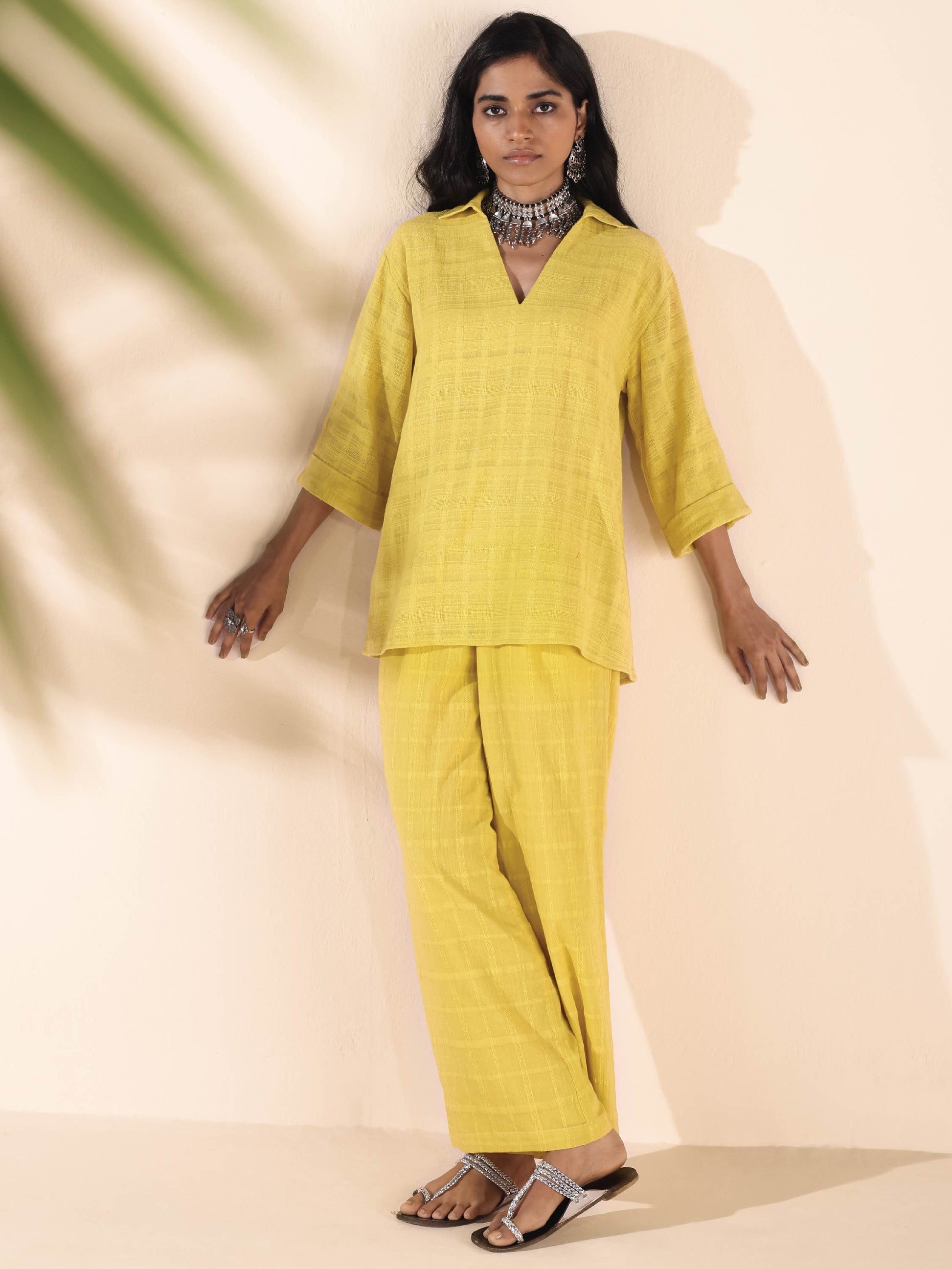 trueBrowns Lime Cotton Dobby V-Neck Co-ord Set - Swadesiicart
