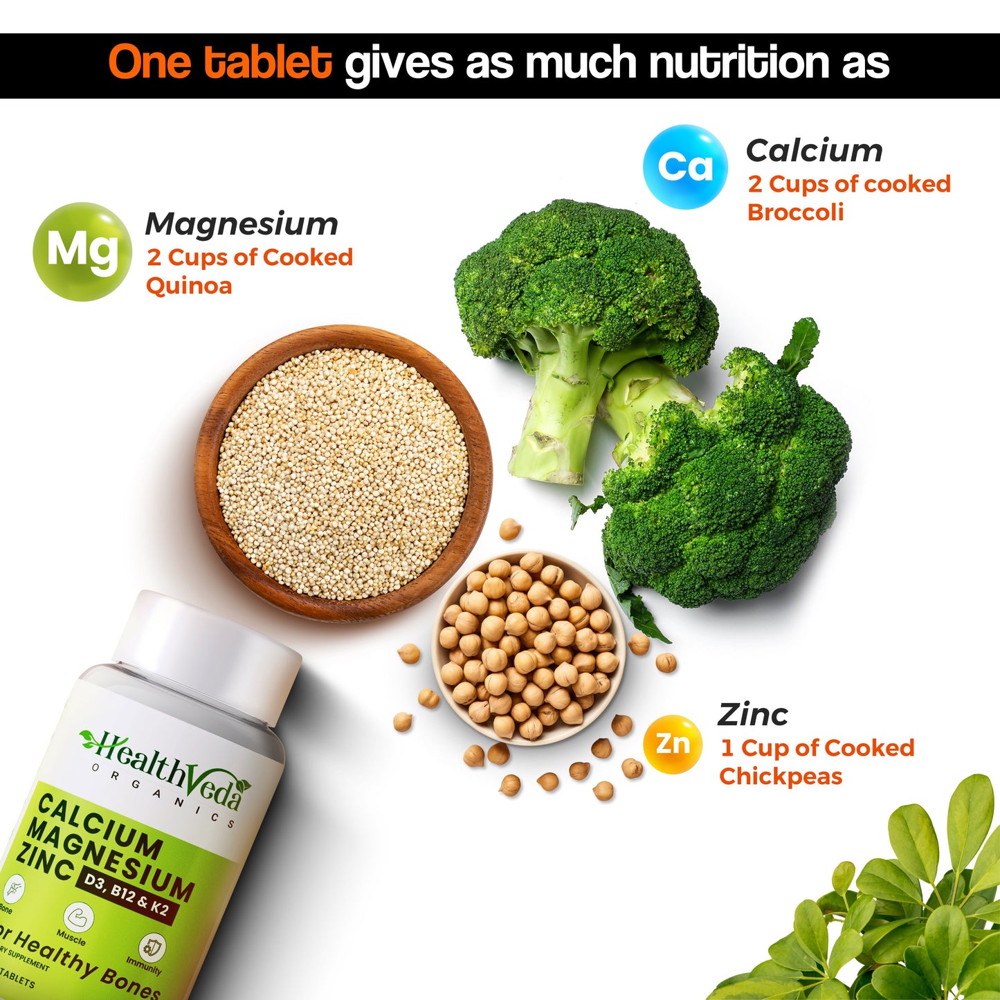 Health Veda Organics Calcium Magnesium & Zinc Vitamin D3 & B12 Tablets - Swadesiicart