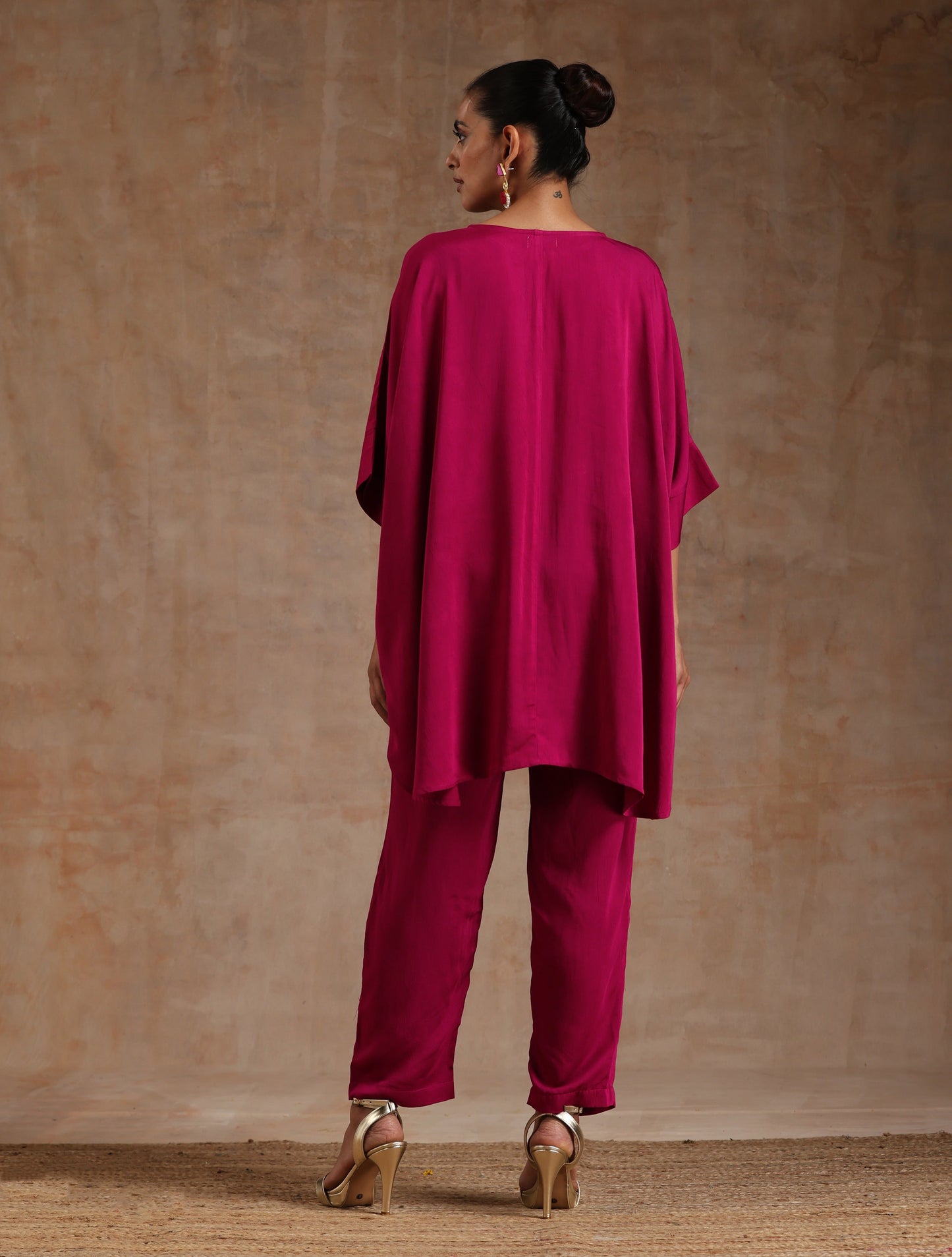 trueBrowns Pink Modal Satin Boxy Fit High-Low Co-Ord Set - Swadesiicart