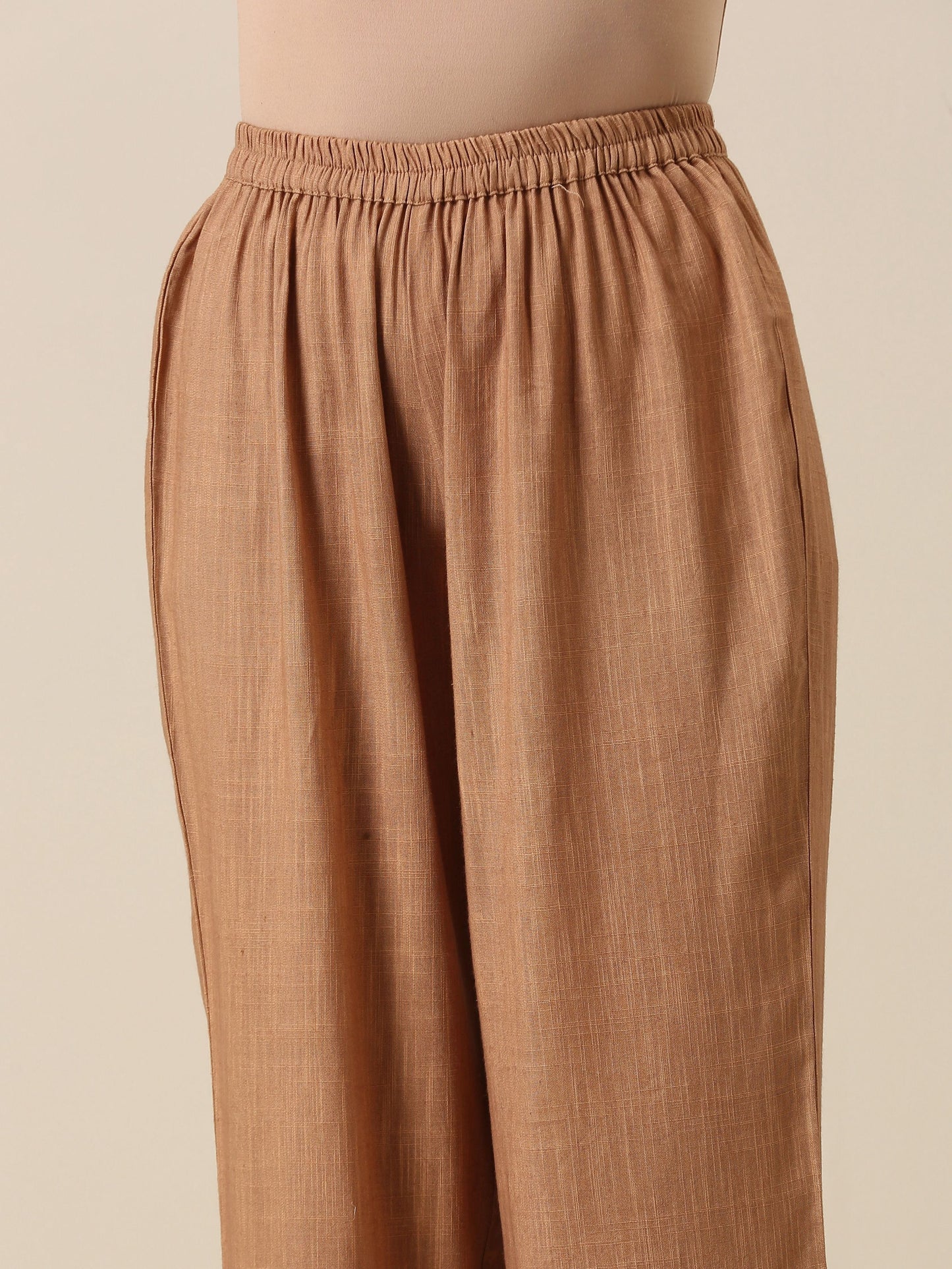 trueBrowns Beige Slub Texture Sleeveless Flared Kurta Pant Set | Swadesiicart