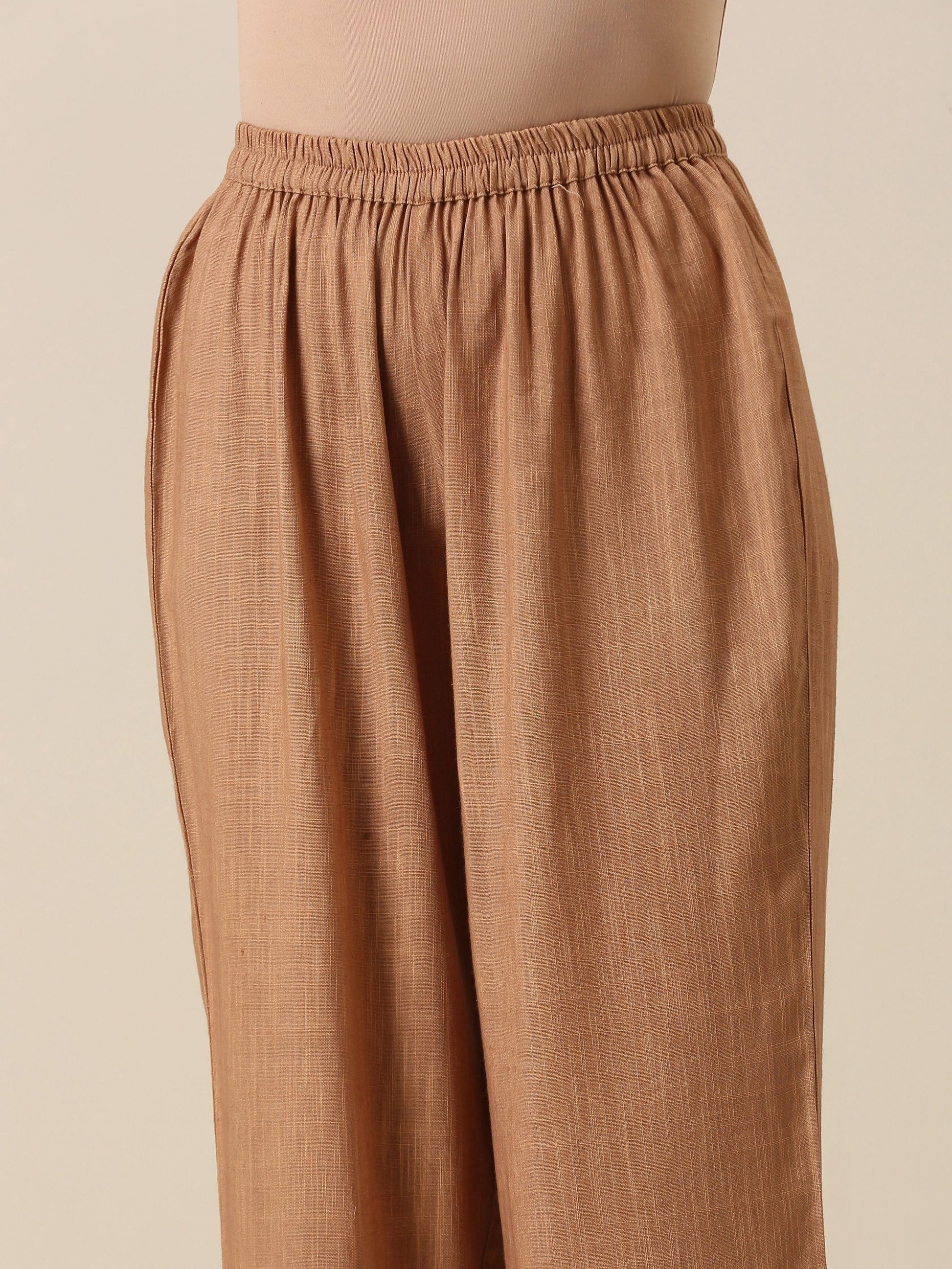 trueBrowns Beige Slub Texture Sleeveless Flared Kurta Pant Set | Swadesiicart