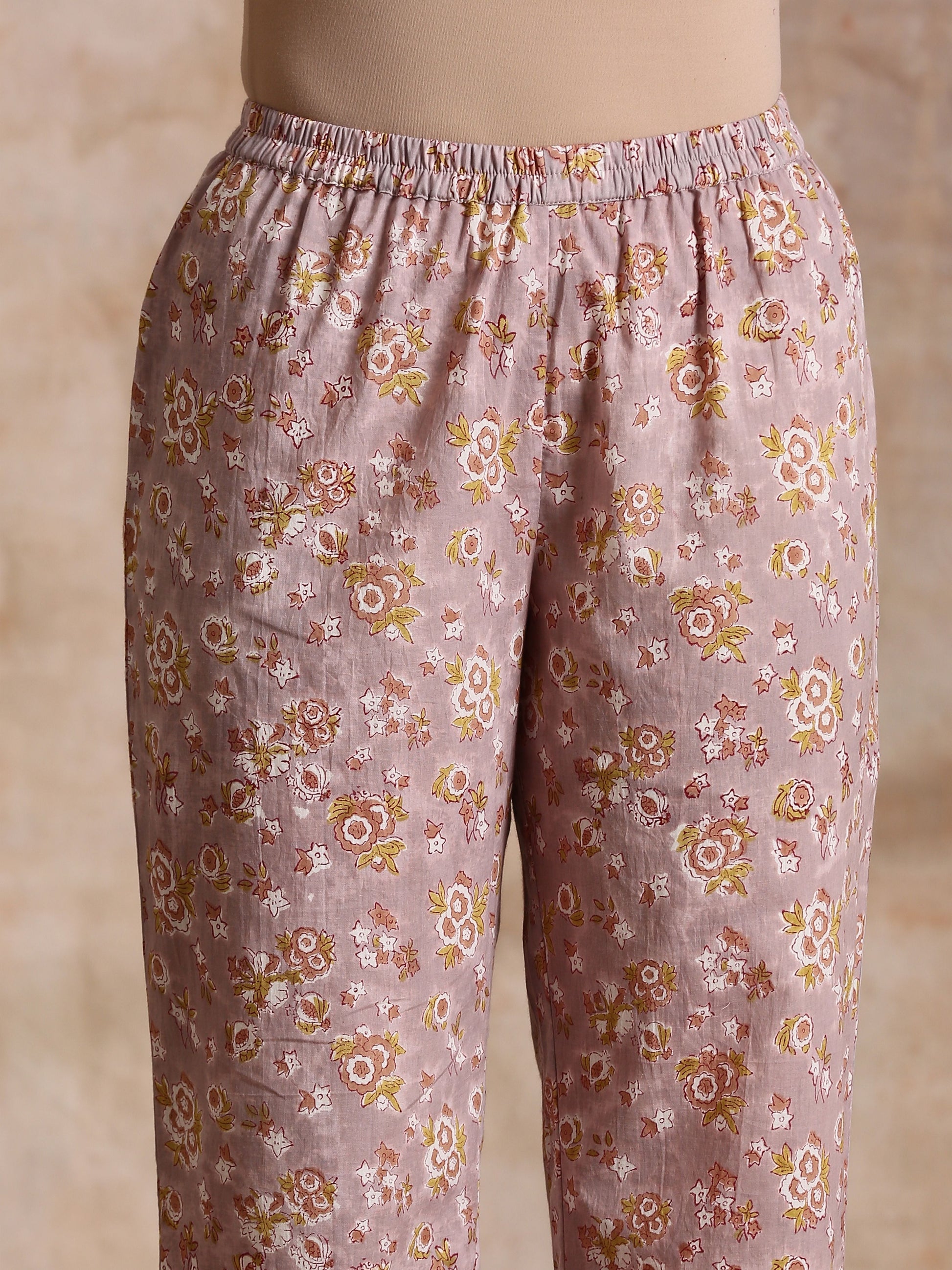 trueBrowns Grey Overall Floral Block Print Cotton Flared Slit Kurta Pant Set | Swadesiicart