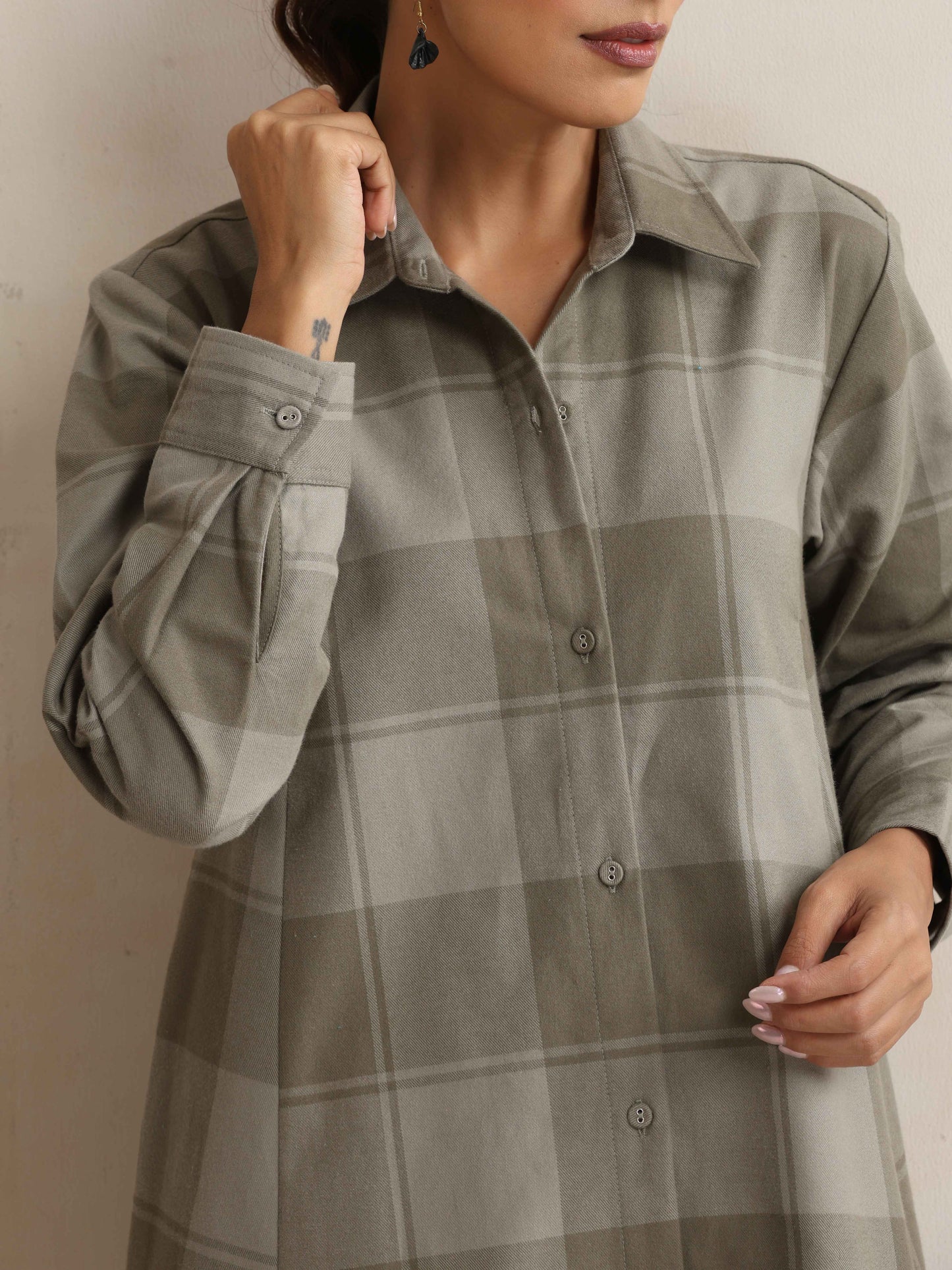 trueBrowns Green Check Flared Winter Dress | Swadesiicart