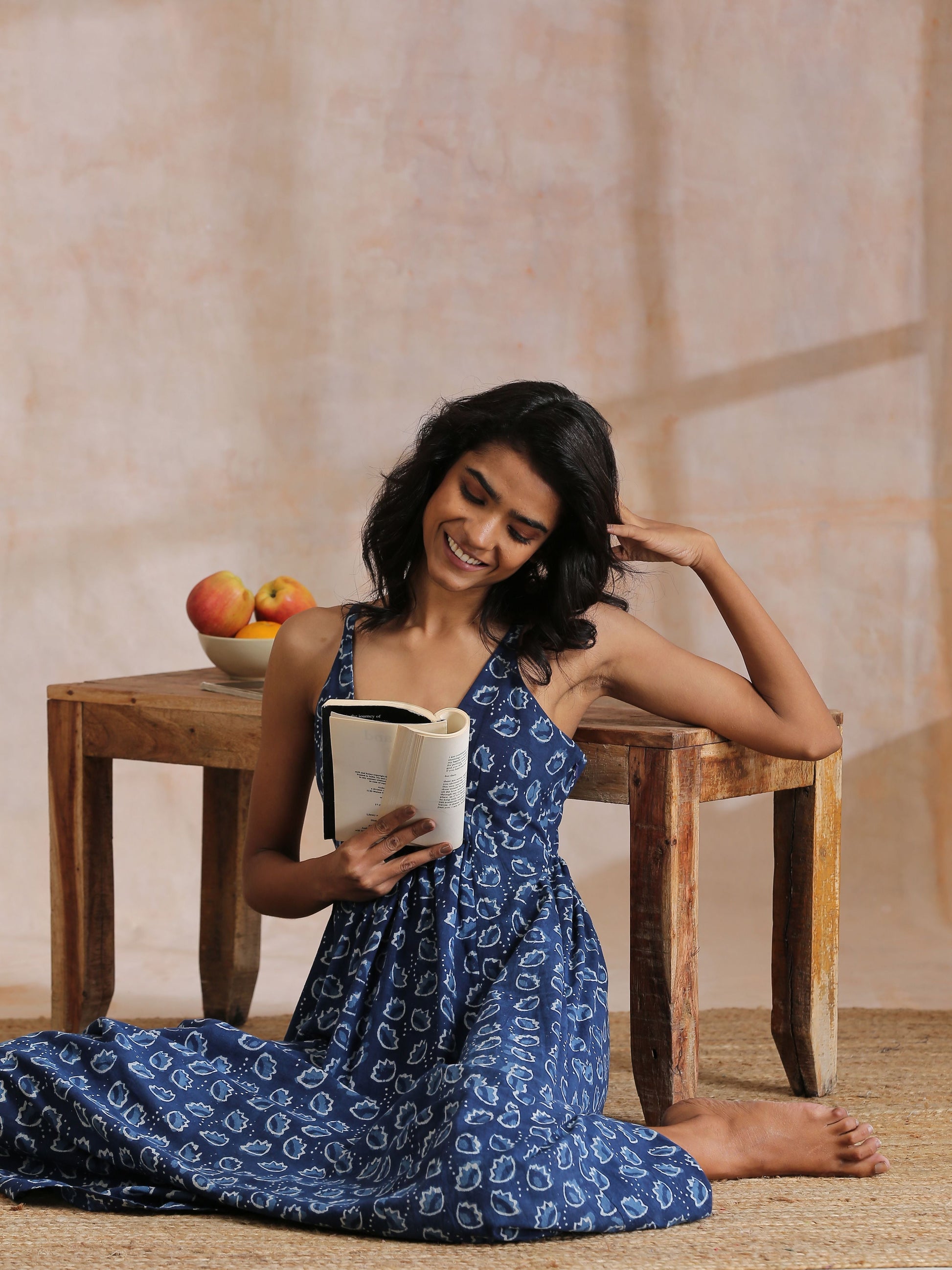 trueBrowns Indigo Dabu Floral Print Cotton Sleeveless Dress | Swadesiicart