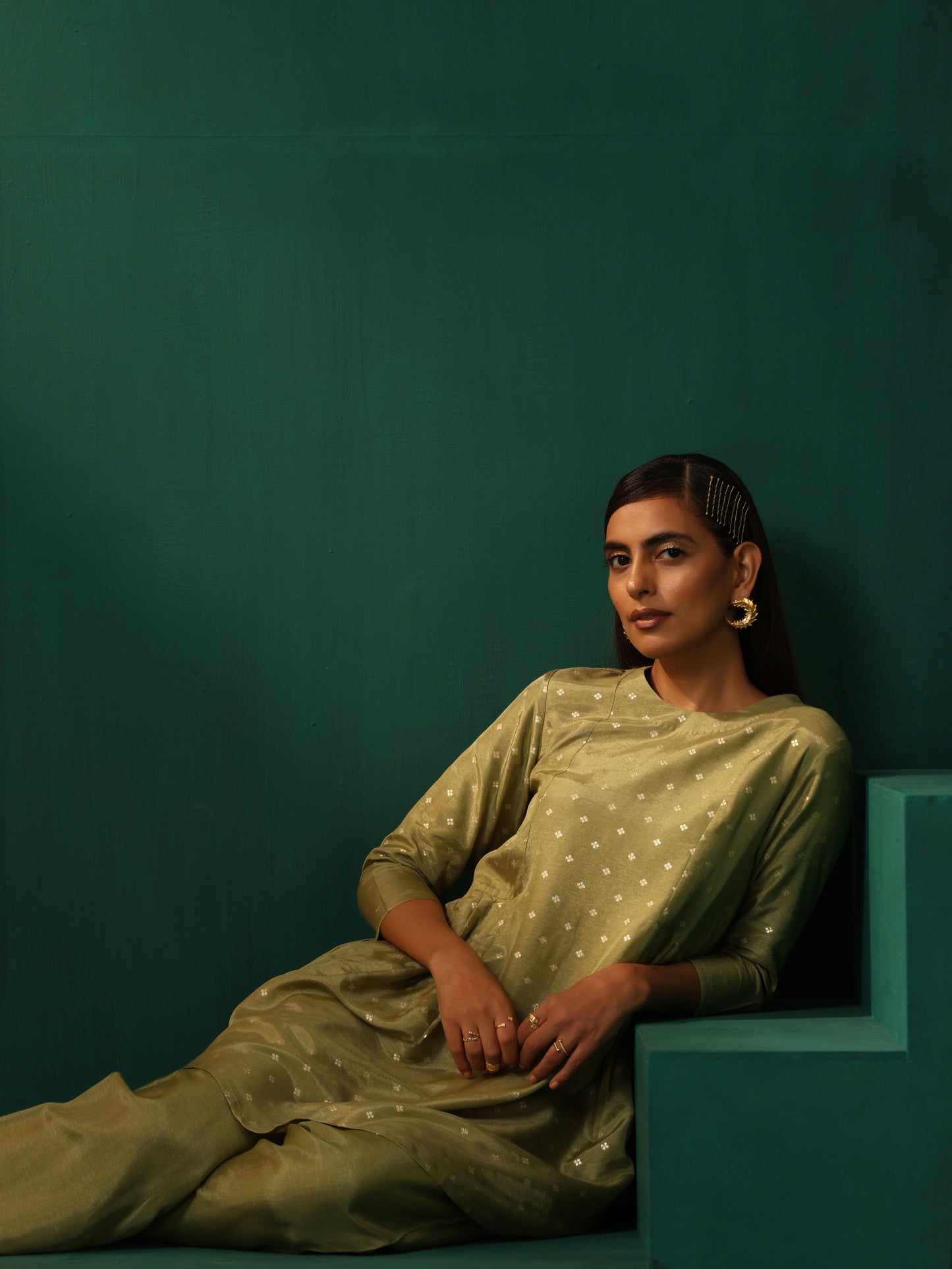 trueBrowns Green Square Viscose Silk Side Gathered Co-ord Set - Swadesiicart