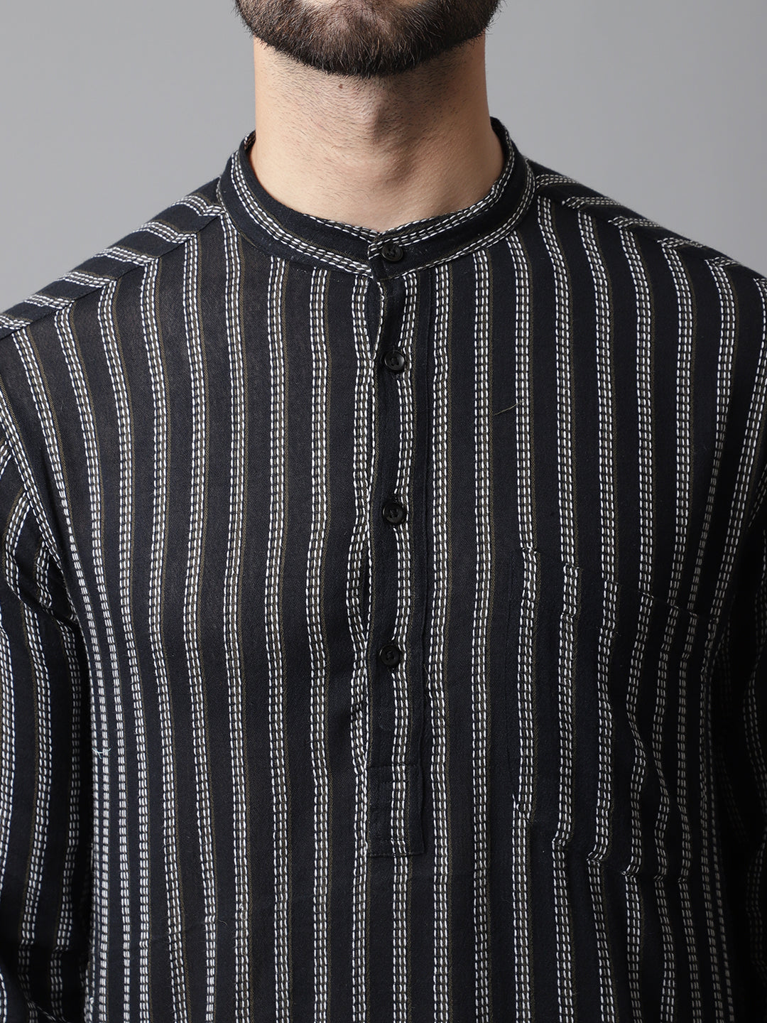 Even Apparels Black Pure Cotton Kurta With Band Collar | Swadesiicart