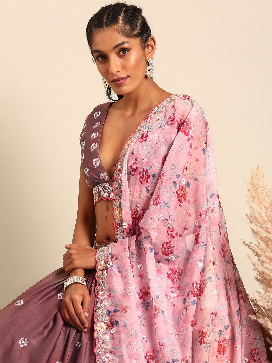 House of Panchhi Rose Gold Chinon Sequins Embroidery Lehenga Choli & Dupatta | Swadesiicart