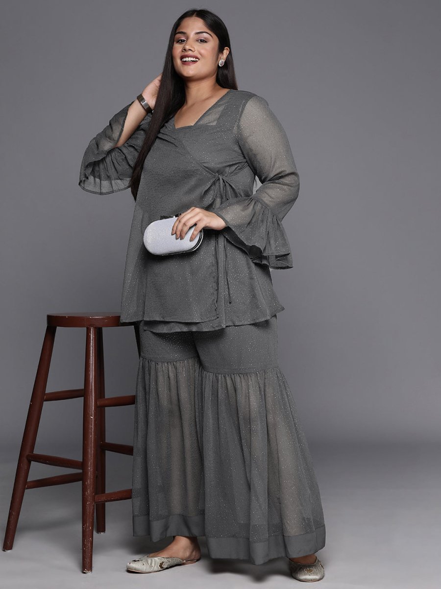 Ahalyaa Plus Size Ethnic Printed Chiffon Wrap Tunic with Sharara | Swadesiicart