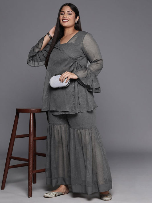 Ahalyaa Plus Size Ethnic Printed Chiffon Wrap Tunic with Sharara | Swadesiicart