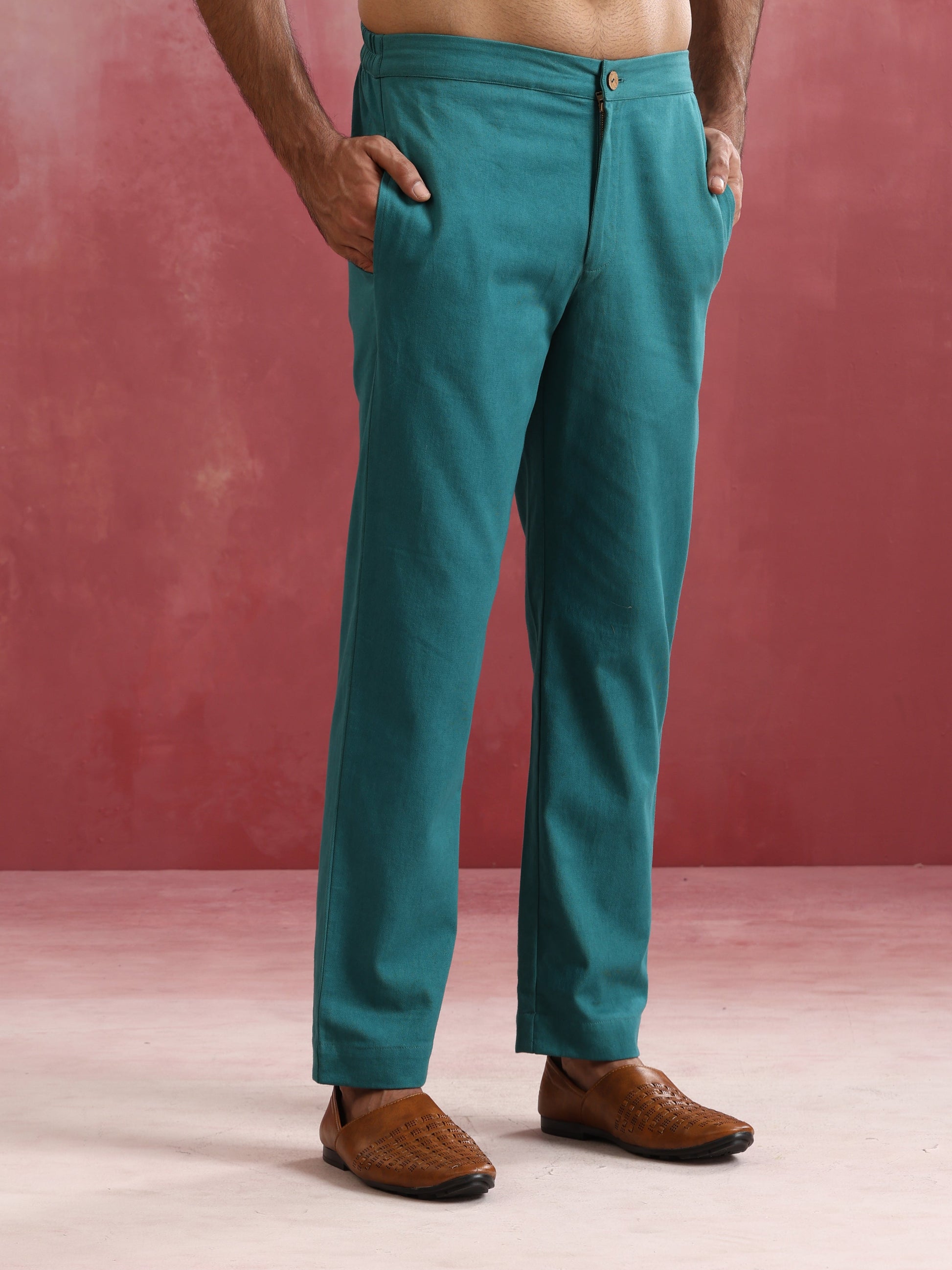 trueBrowns Men's Teal Cotton Shirt Collar Stylized Kurta Co-ord set - Swadesiicart