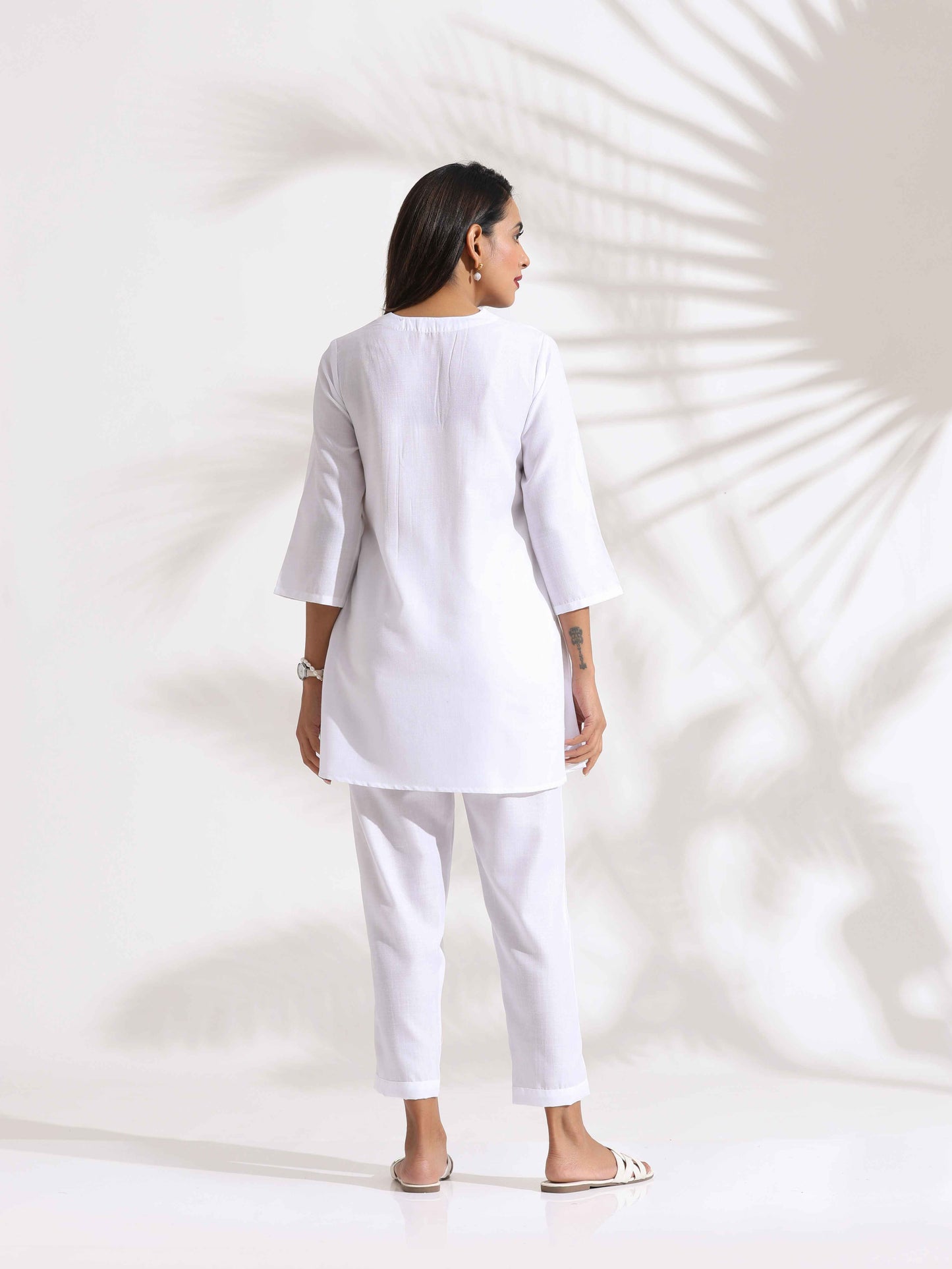 trueBrowns White Slub Co-ord Set - Swadesiicart
