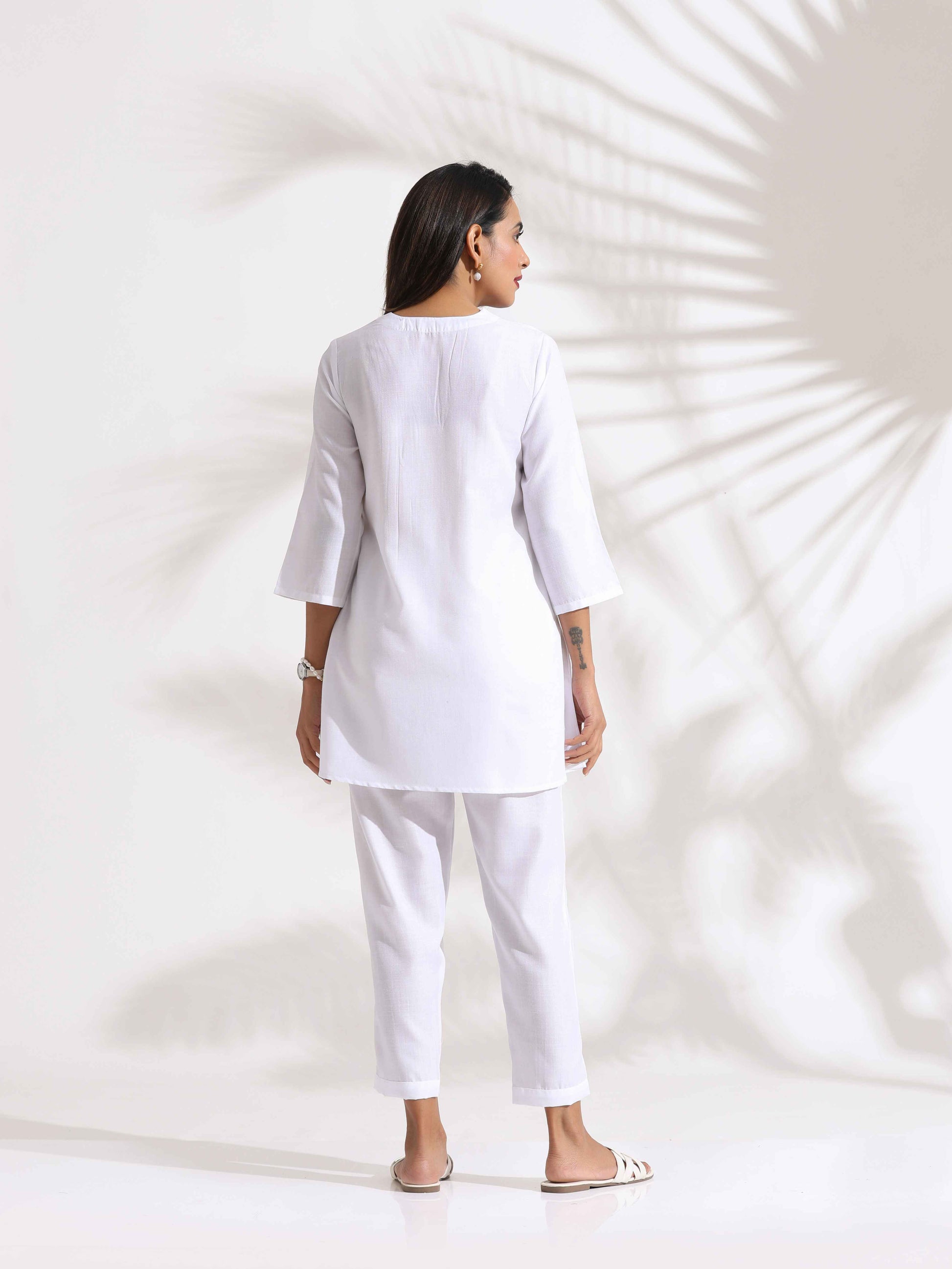 trueBrowns White Slub Co-ord Set - Swadesiicart