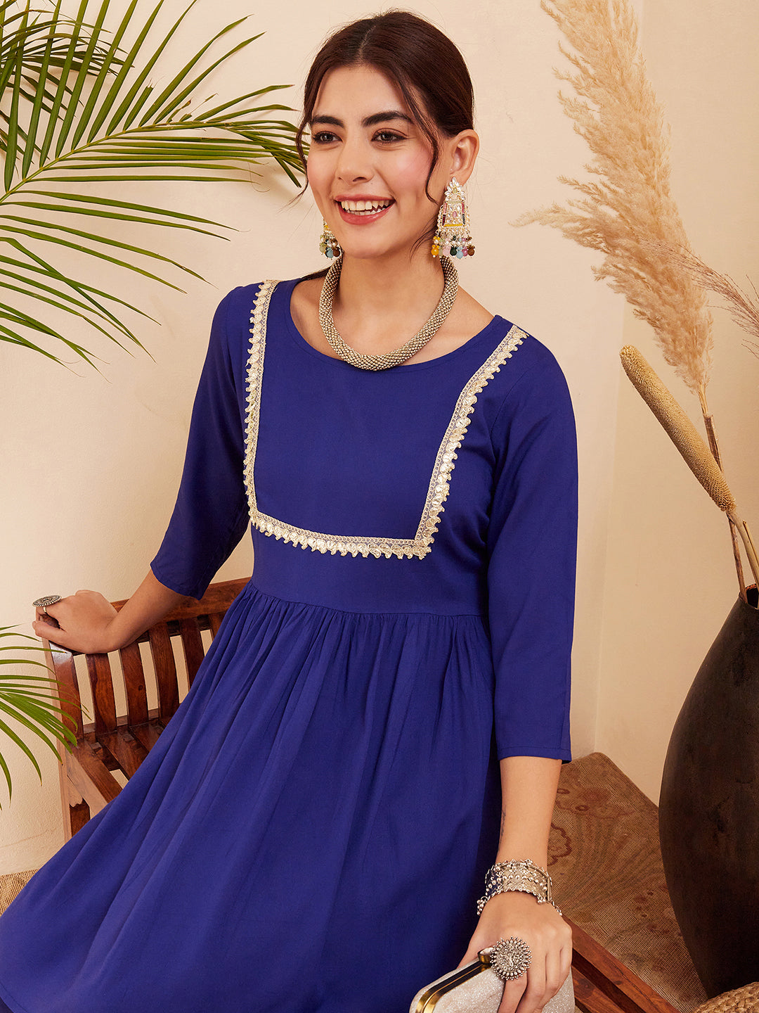 InWeave Women's Blue Round Neck Square Gota Work Kurta Pant Set - Swadesiicart