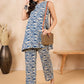 InWeave Peacock Blue White Moroccan Print Round Neck Kurta Set - Swadesiicart