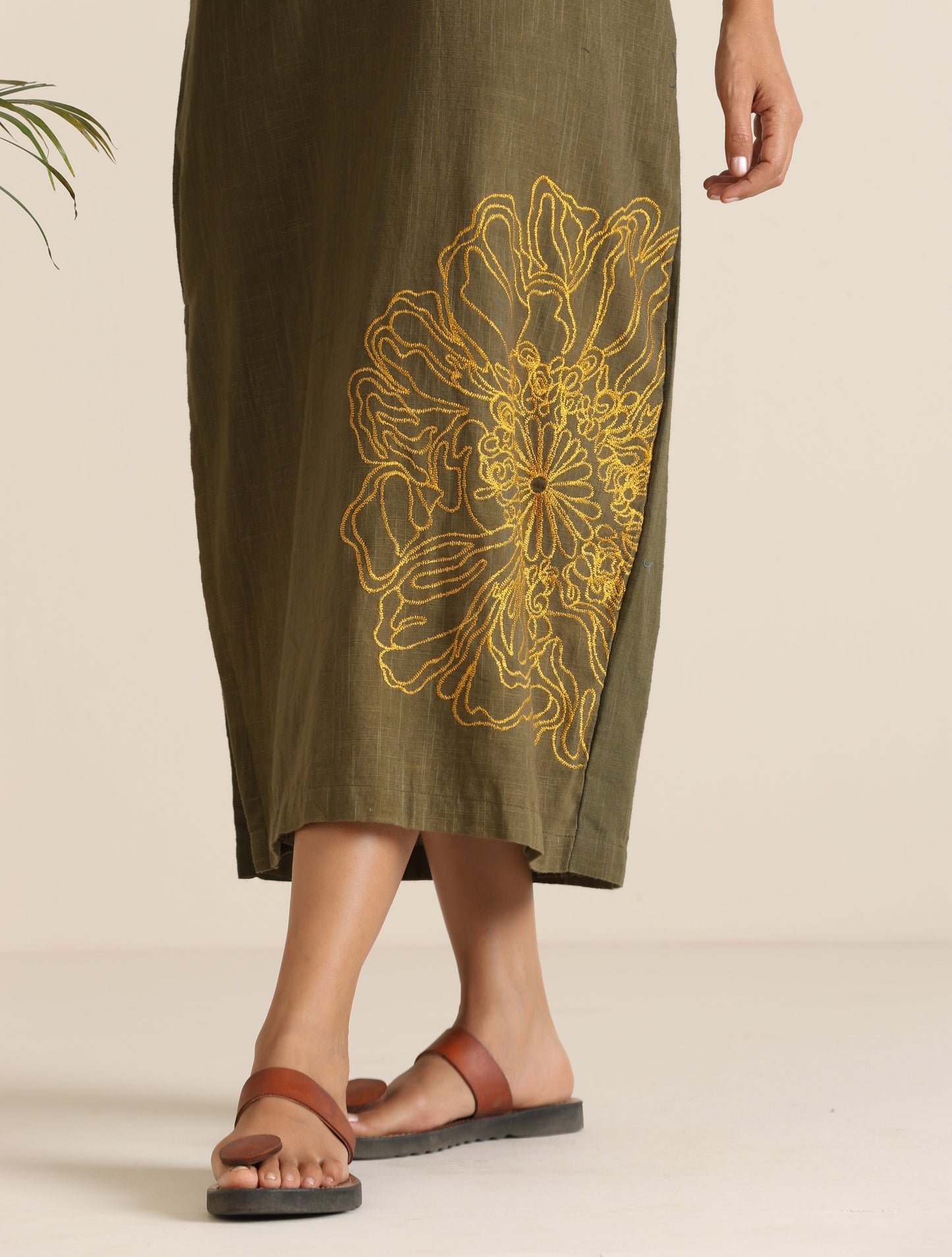trueBrowns Olive Cotton Embroidered Dress | Swadesiicart