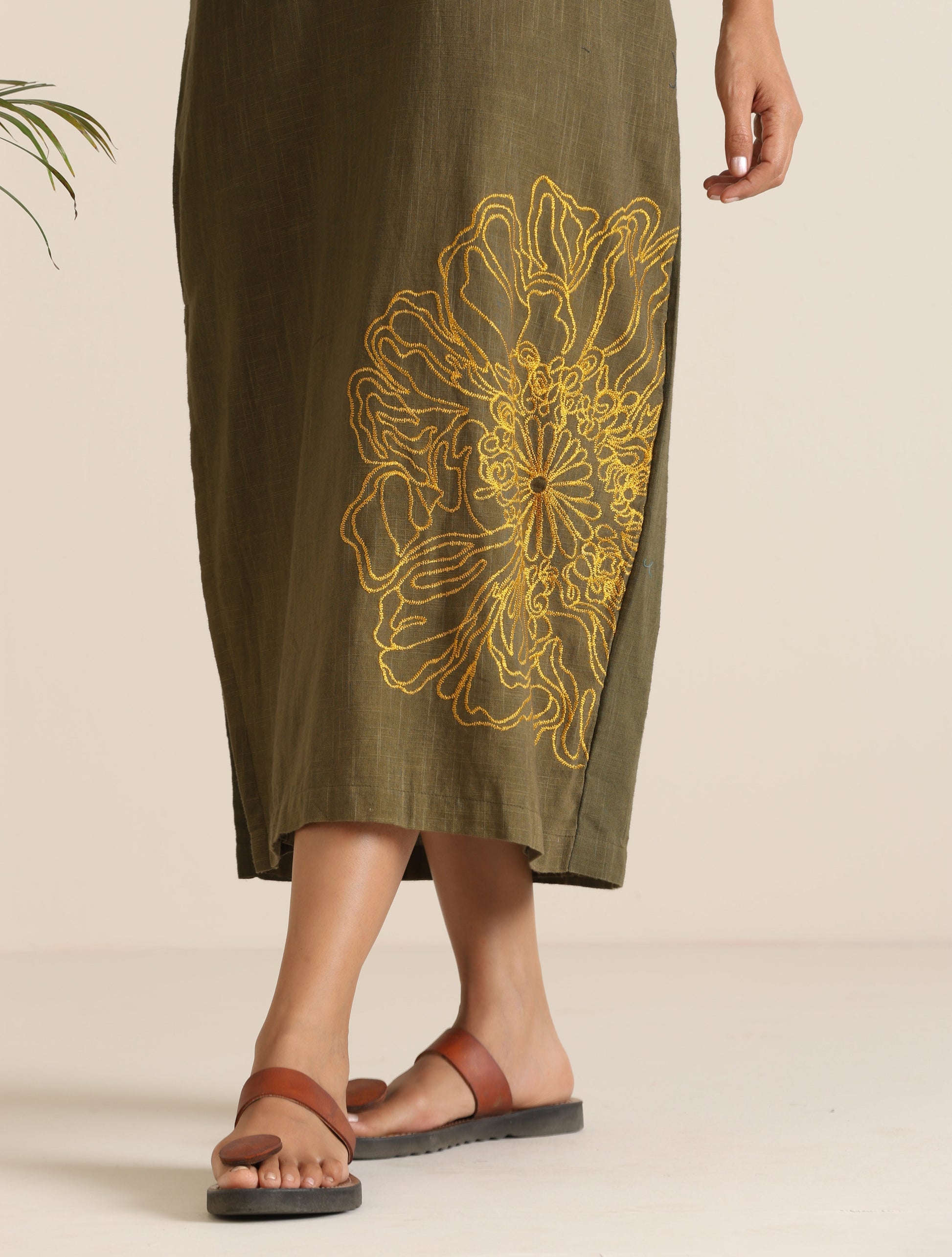 trueBrowns Olive Cotton Embroidered Dress | Swadesiicart