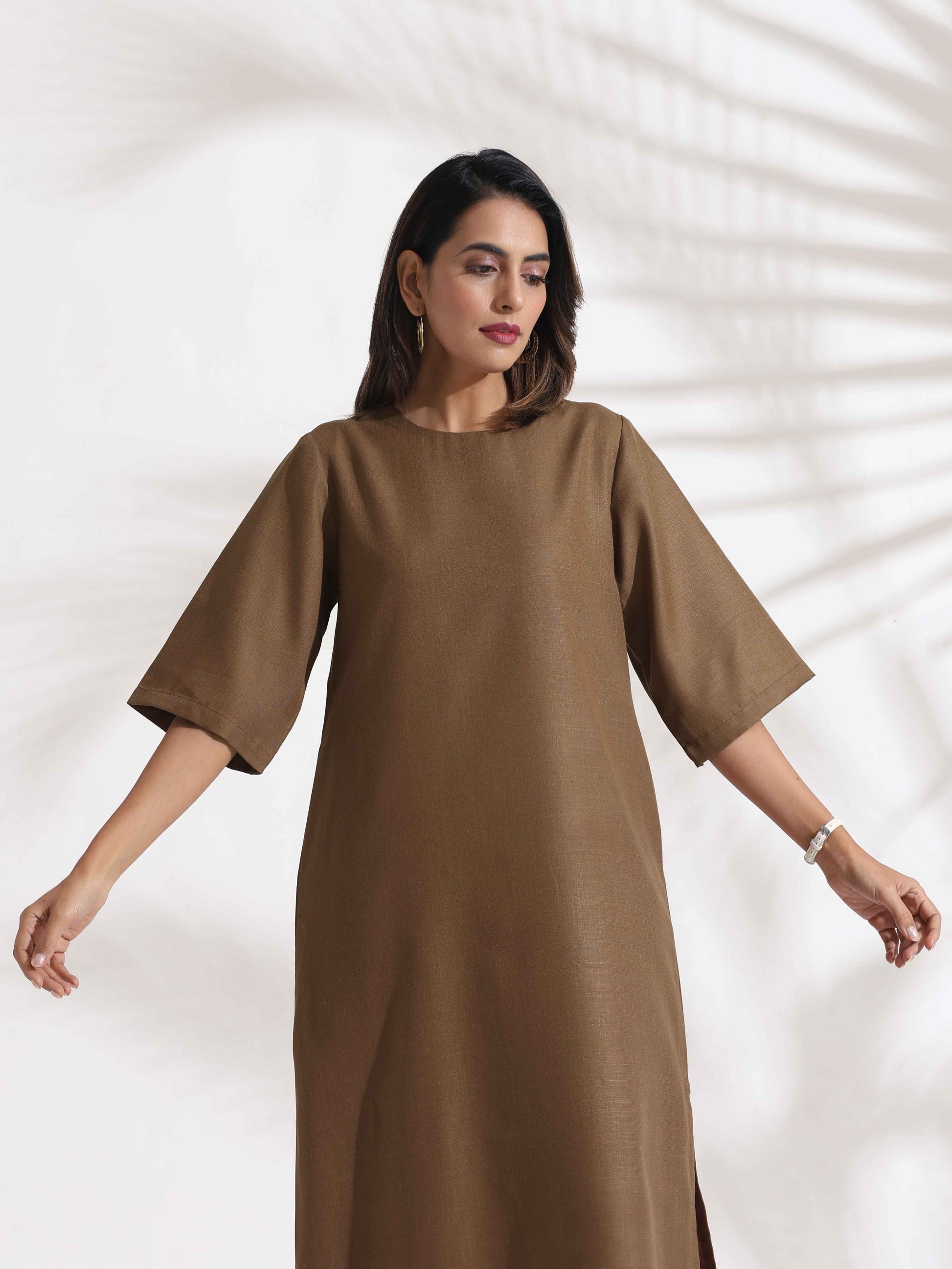 trueBrowns Brown Slub Dress | Swadesiicart