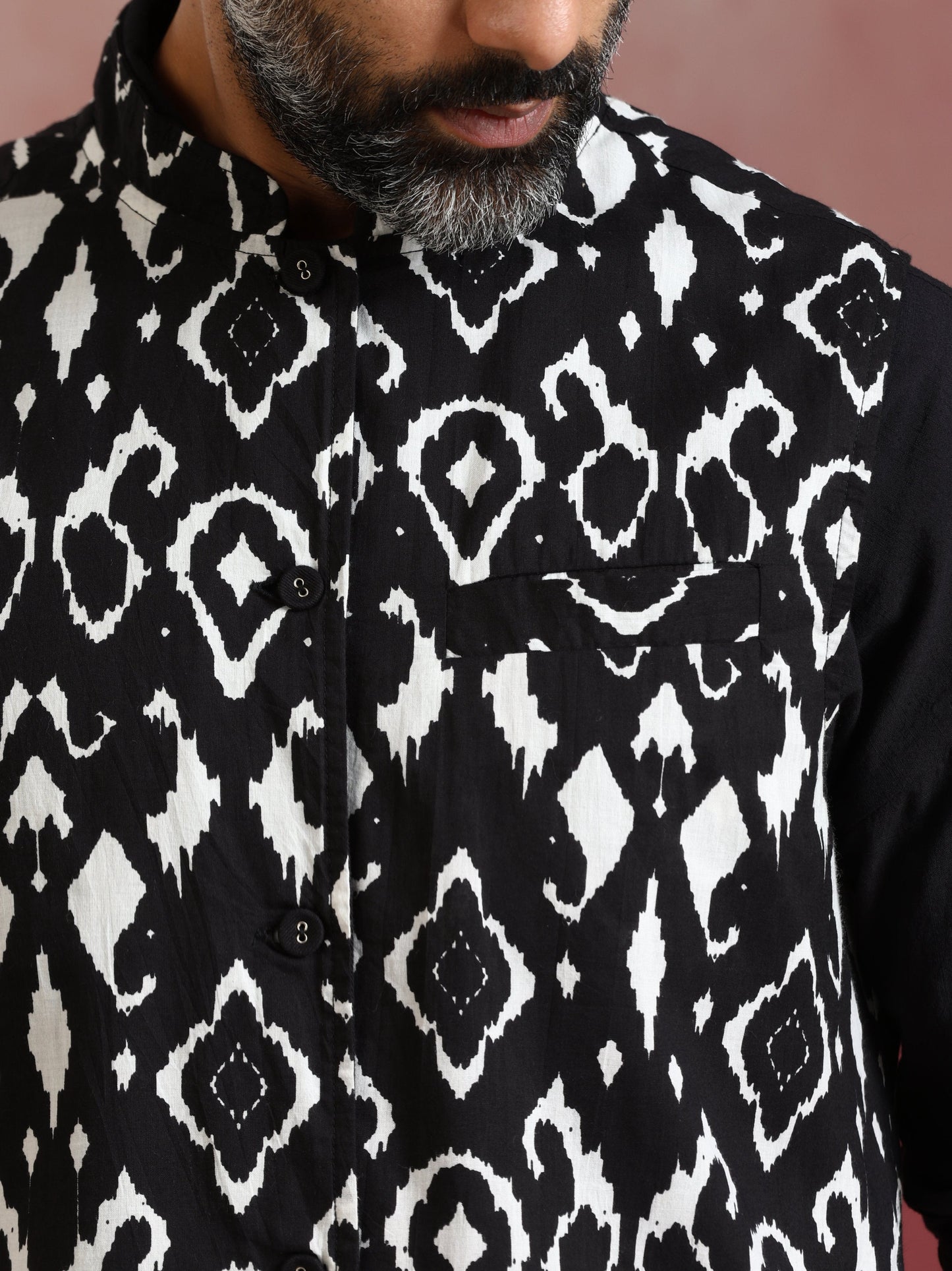 trueBrowns Men's Black Ikat Print Cotton Reversible Nehru Jacket | Swadesiicart