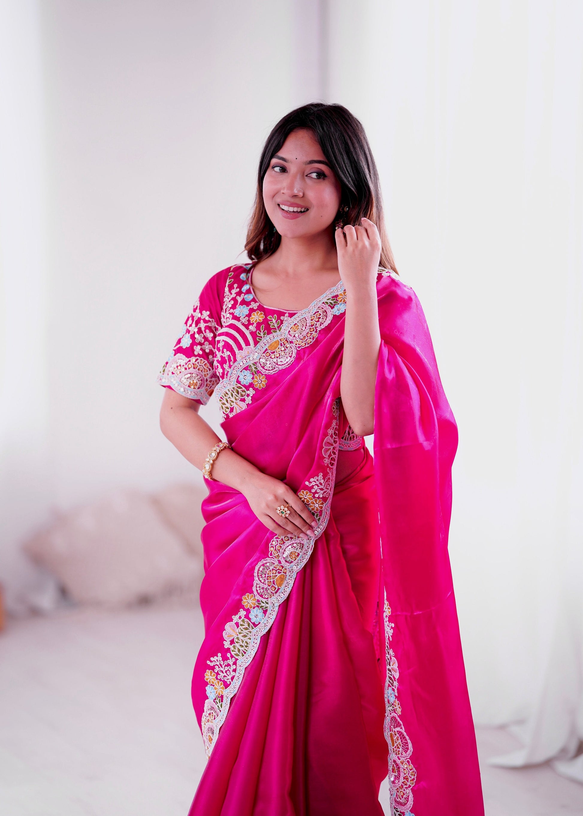 Lorenvalley Fashion Magenta Jimmy Choo with Embroidery Threads Codding & Sequins Work Saree with Blouse - Swadesiicart
