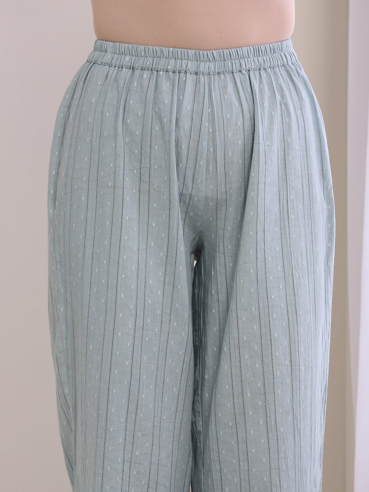 trueBrowns Eggshell Blue Dobby Neck Pleat Kurta Pant Set | Swadesiicart