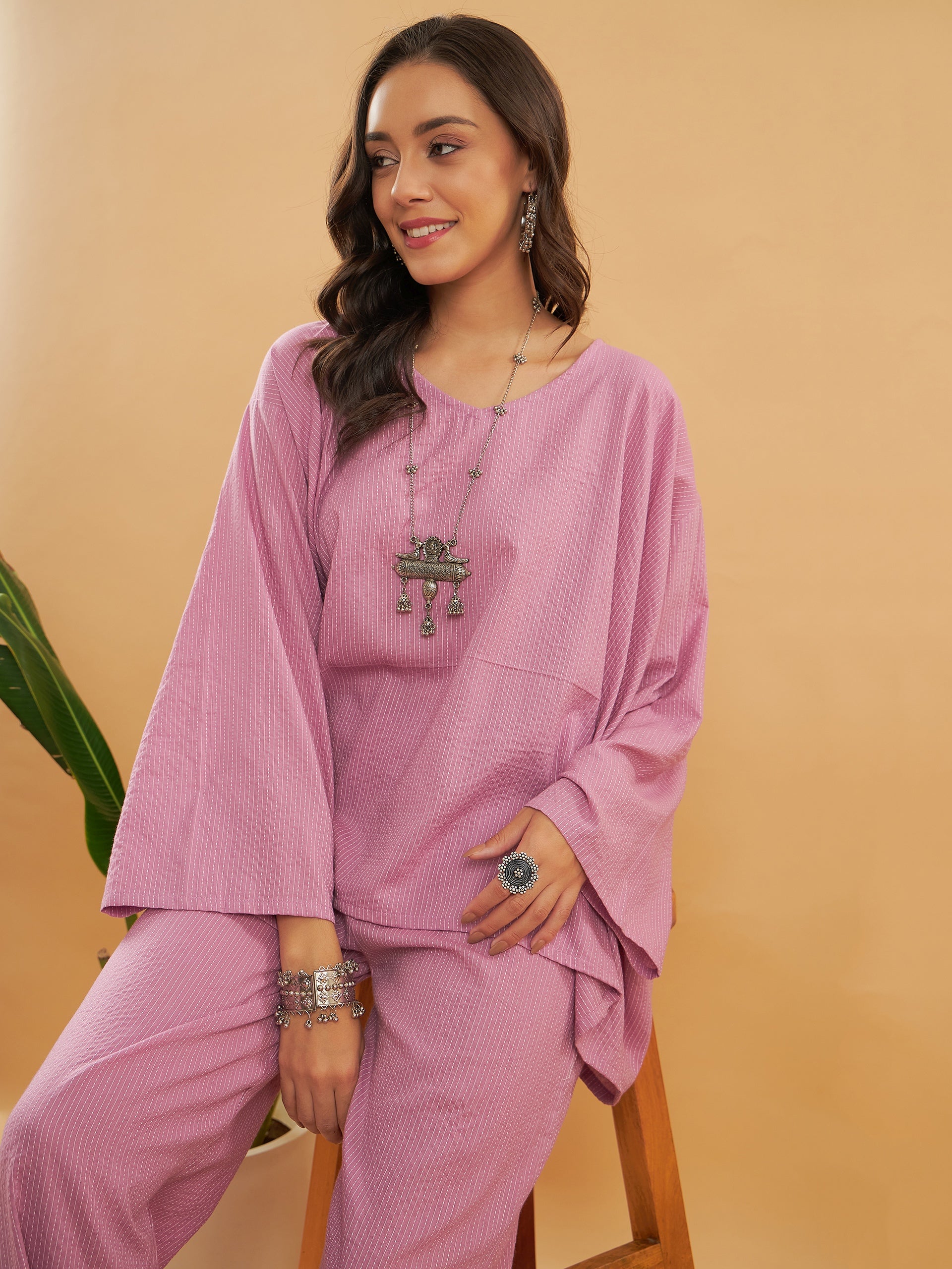 InWeave Women's Mauve Kantha Boho Full Sleeve Coord Set - Swadesiicart
